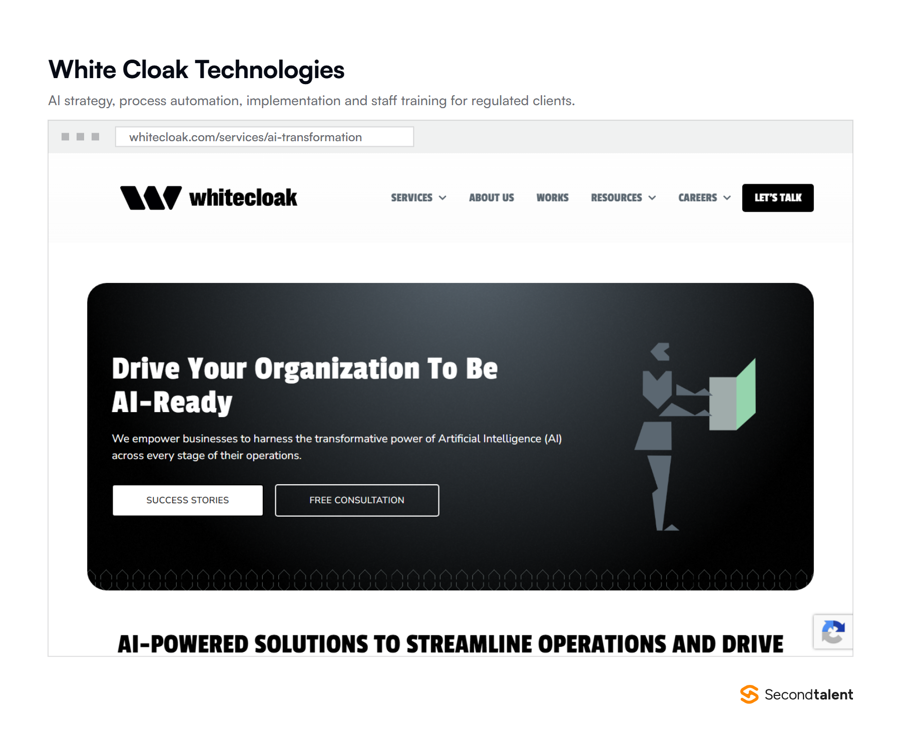 White Cloak Technologies' AI transformation page, headed Drive Your Organization To Be AI-Ready, with success stories and free consultation links.