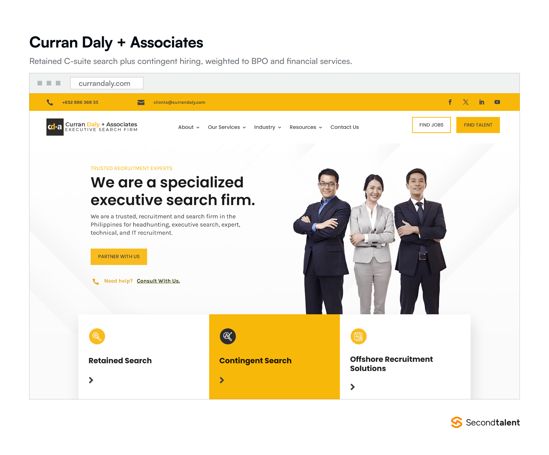 Curran Daly and Associates homepage, offering retained search, contingent search and offshore team building.