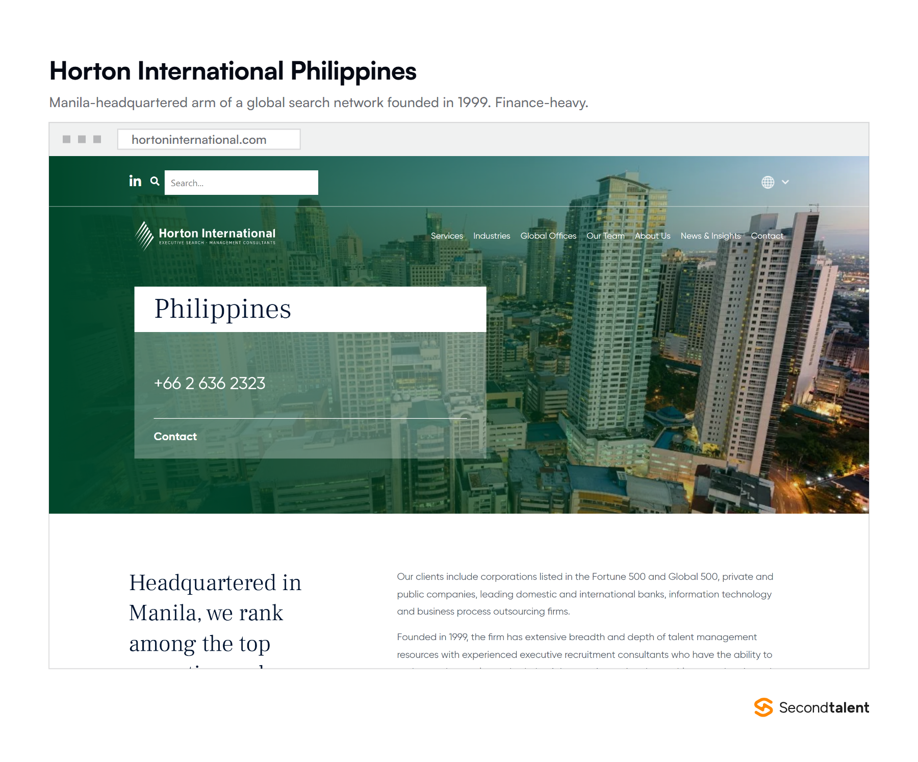 Horton International's Philippines page, a Manila-headquartered executive search practice weighted to finance.