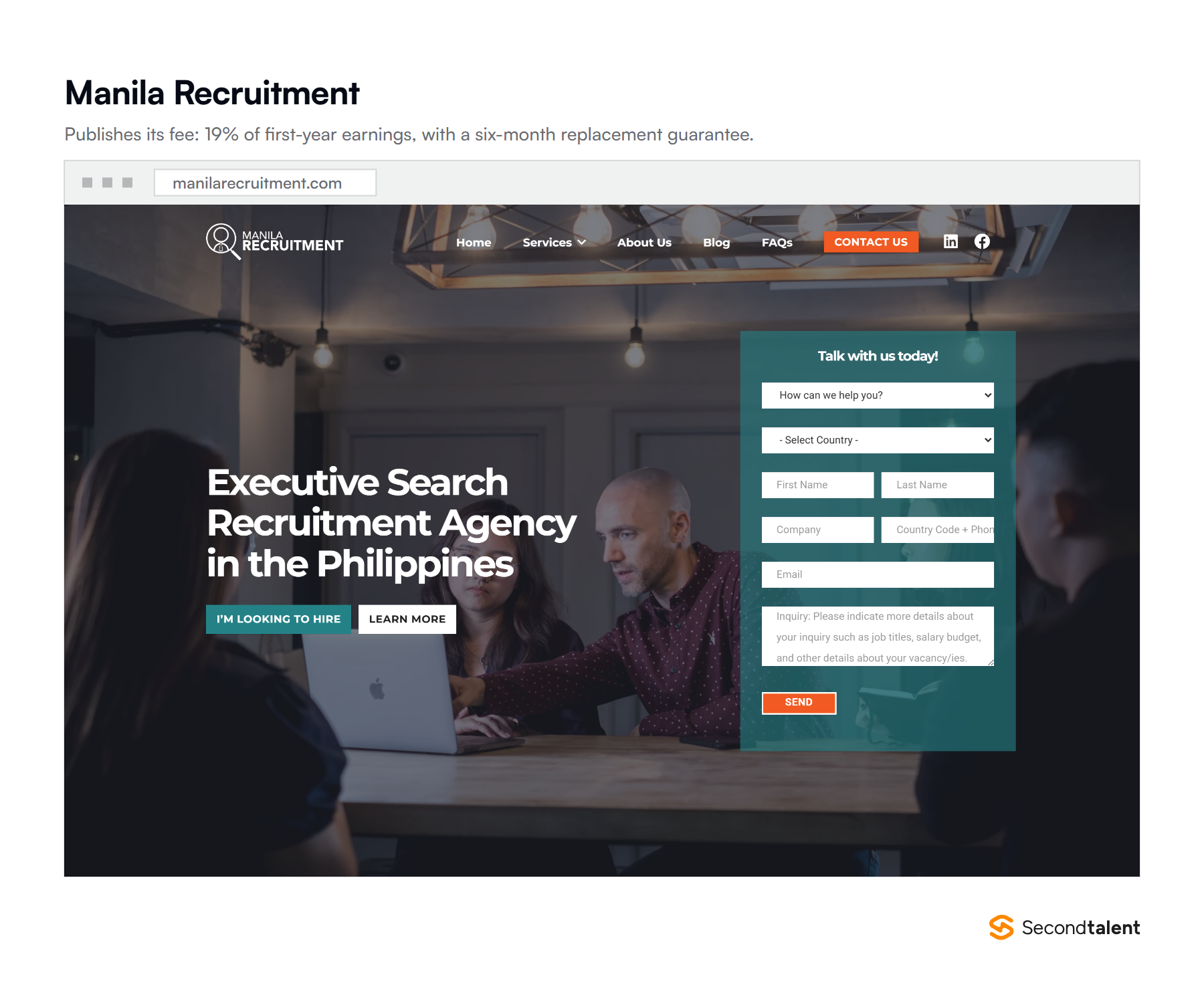 Manila Recruitment's executive search page, the one firm here publishing its 19% success fee.
