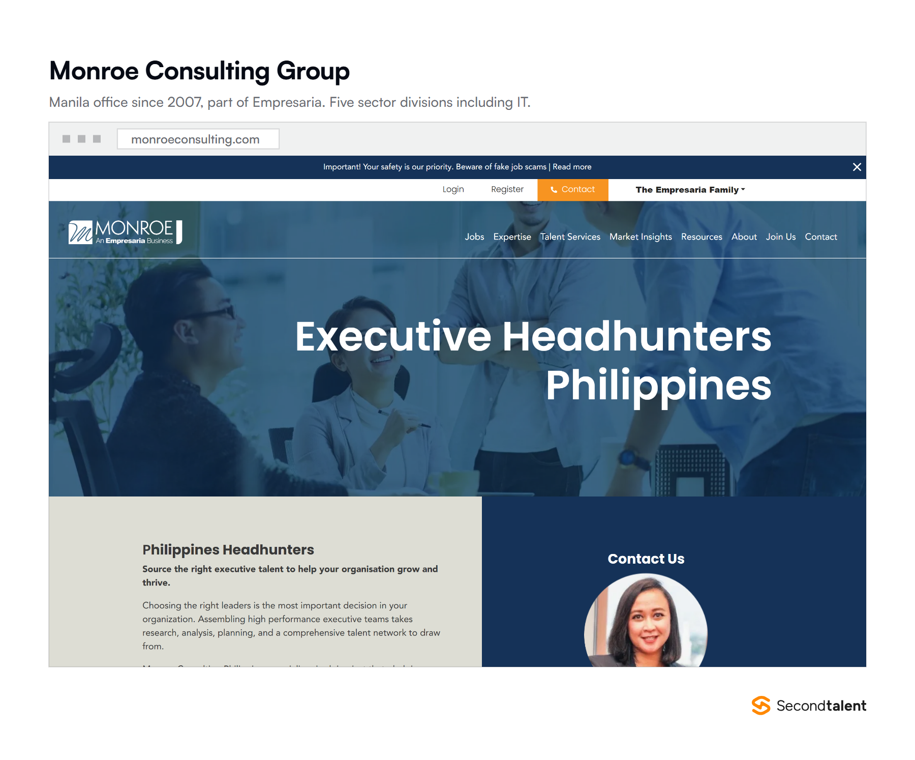Monroe Consulting Group's Philippine headhunting page, covering five sector divisions from its Manila office.