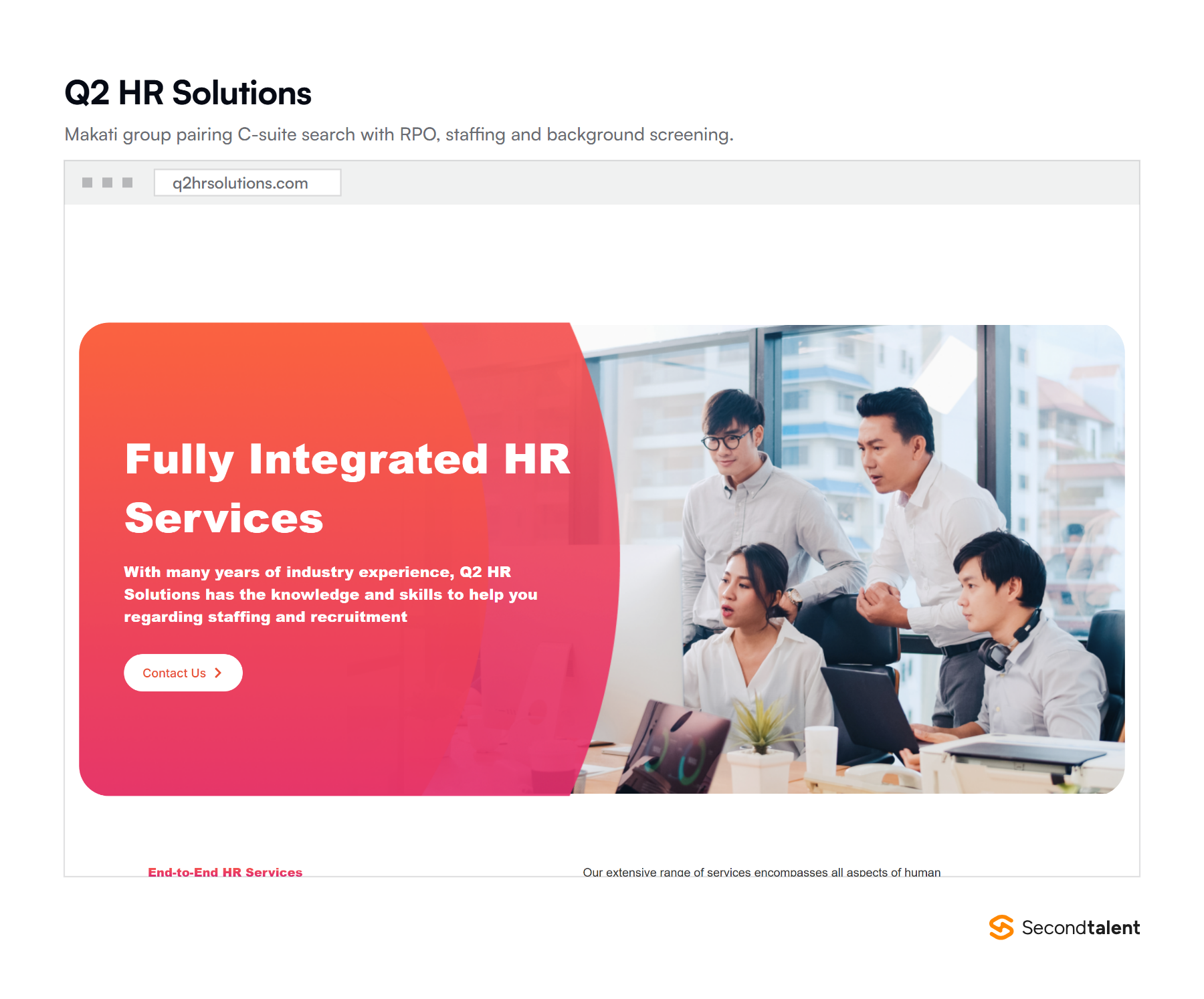 Q2 HR Solutions executive search page, pairing C-suite search with staffing and RPO from Makati.