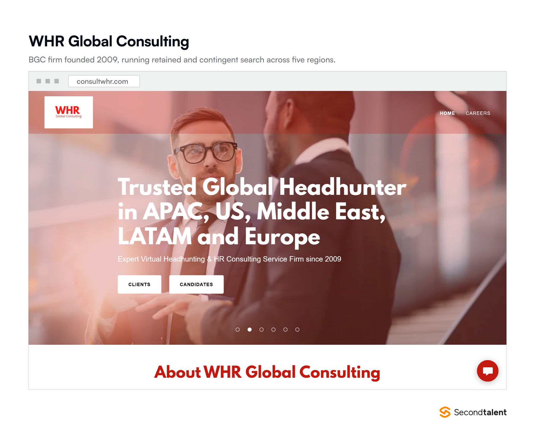 WHR Global Consulting homepage, a BGC headhunting and HR consulting firm founded in 2009.