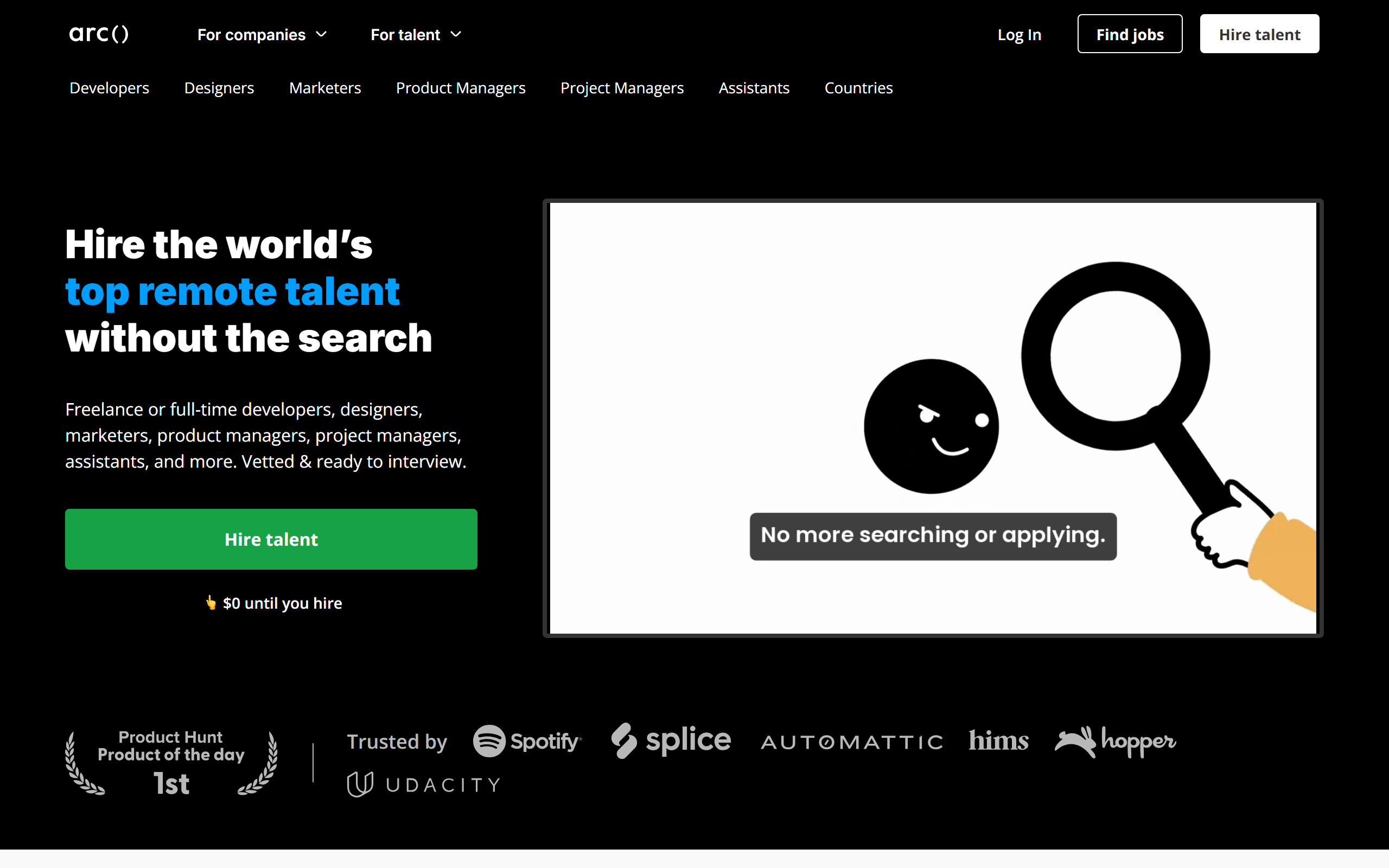 Arc.dev remote developer hiring homepage