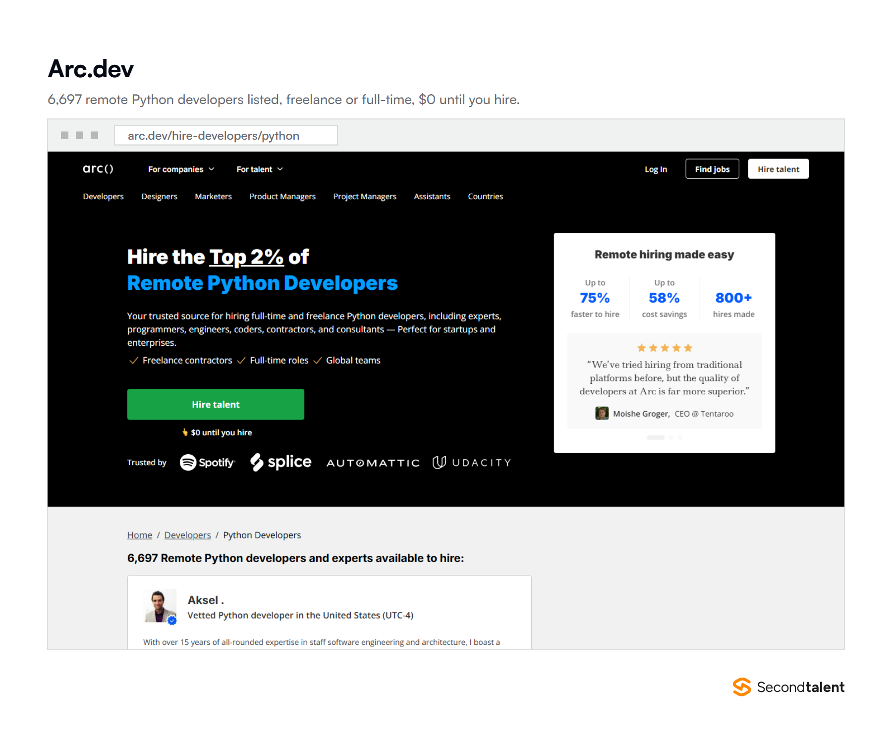 Arc.dev's page to hire the top 2% of remote Python developers, listing 6,697 Python developers available and $0 until you hire.