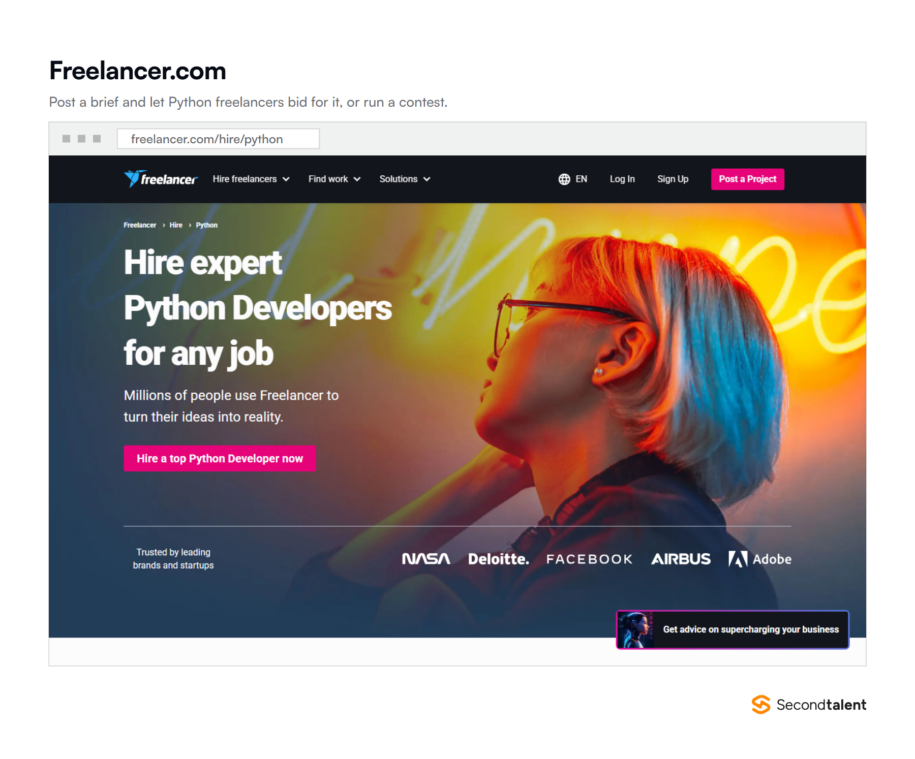 Freelancer.com's page to hire expert Python developers for any job, with a button to post a project for bids.