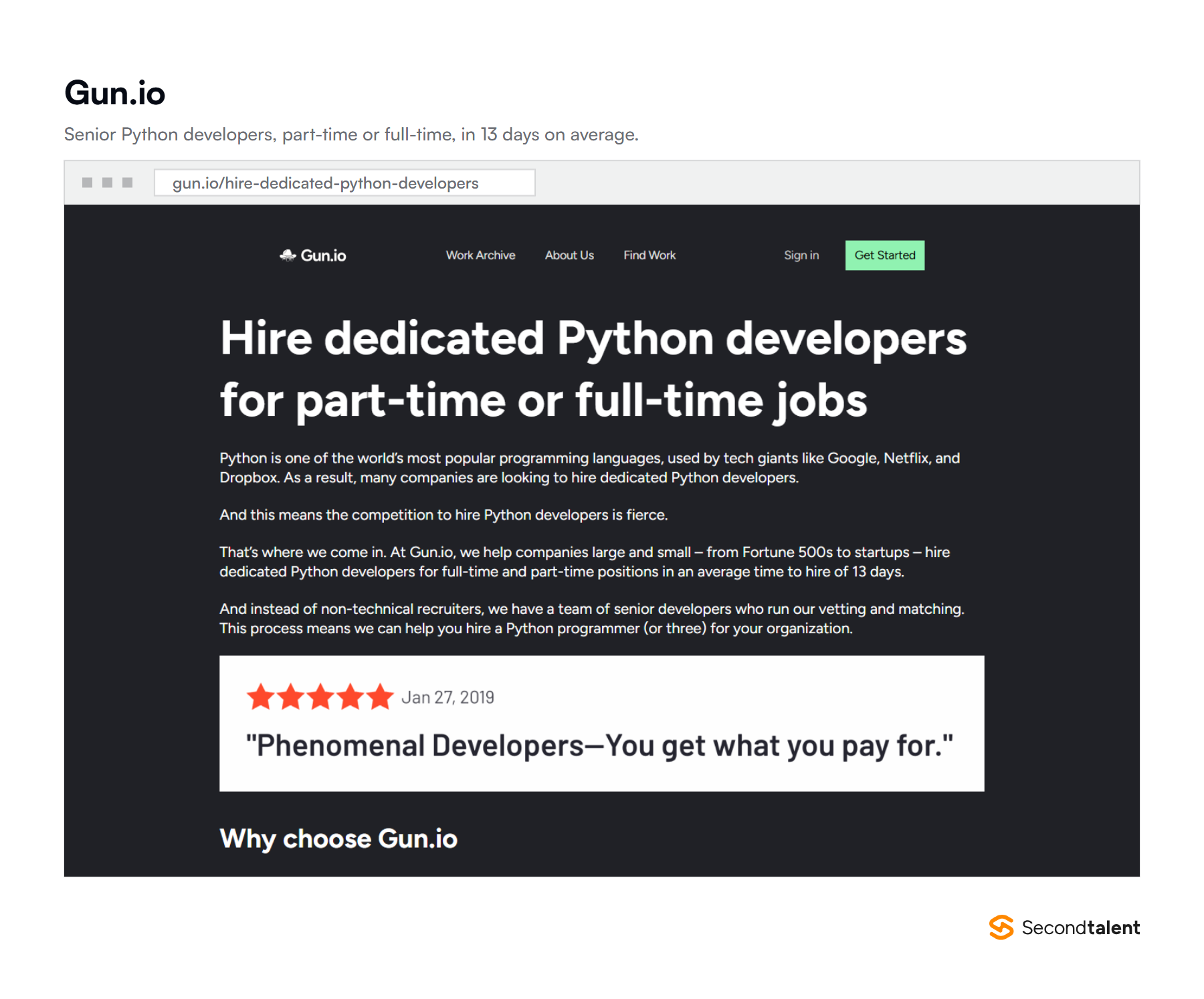 Gun.io's page to hire dedicated Python developers for part-time or full-time jobs, citing an average time to hire of 13 days.