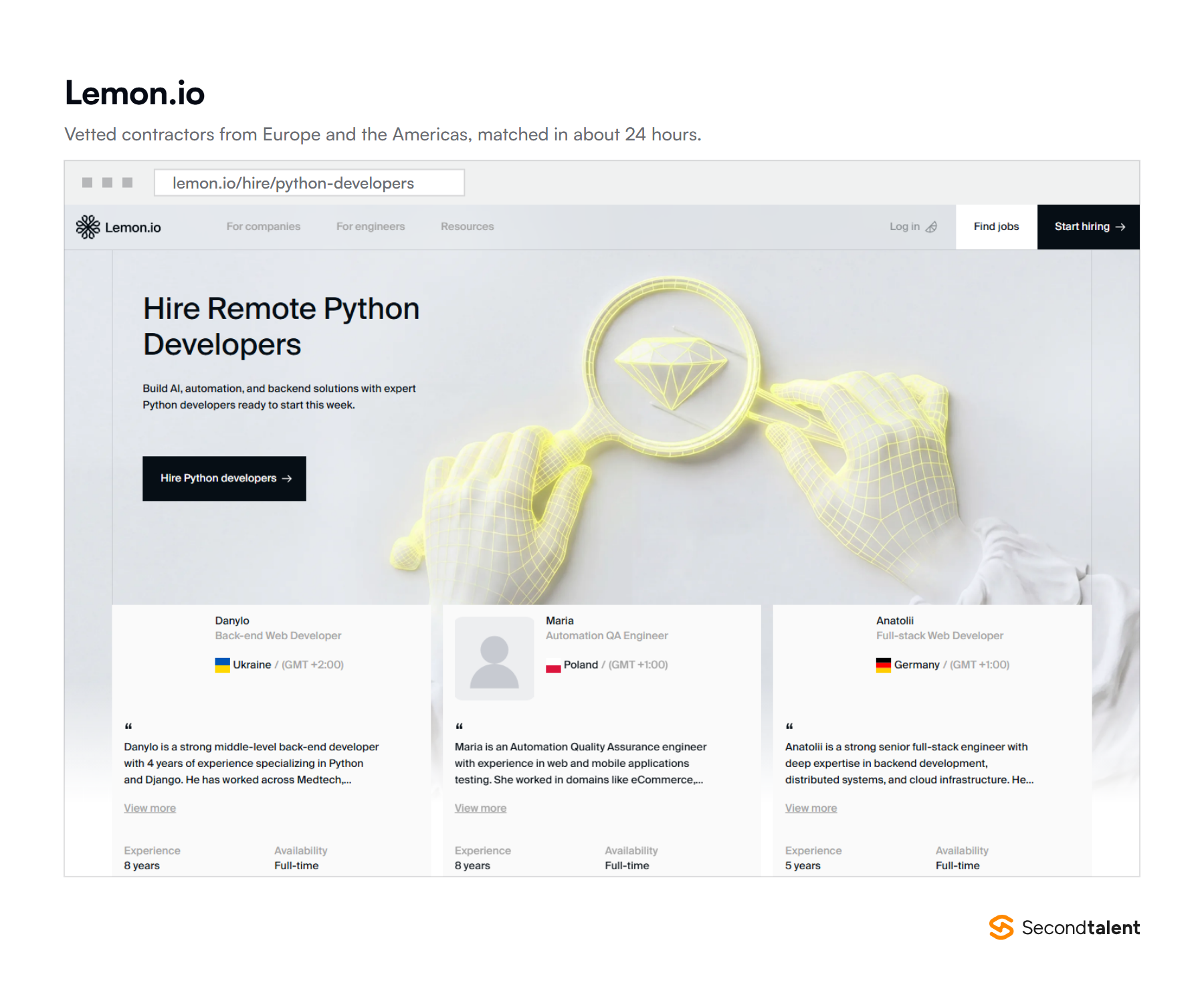 Lemon.io's Hire Remote Python Developers page, showing developer profiles from Ukraine, Poland and Germany.