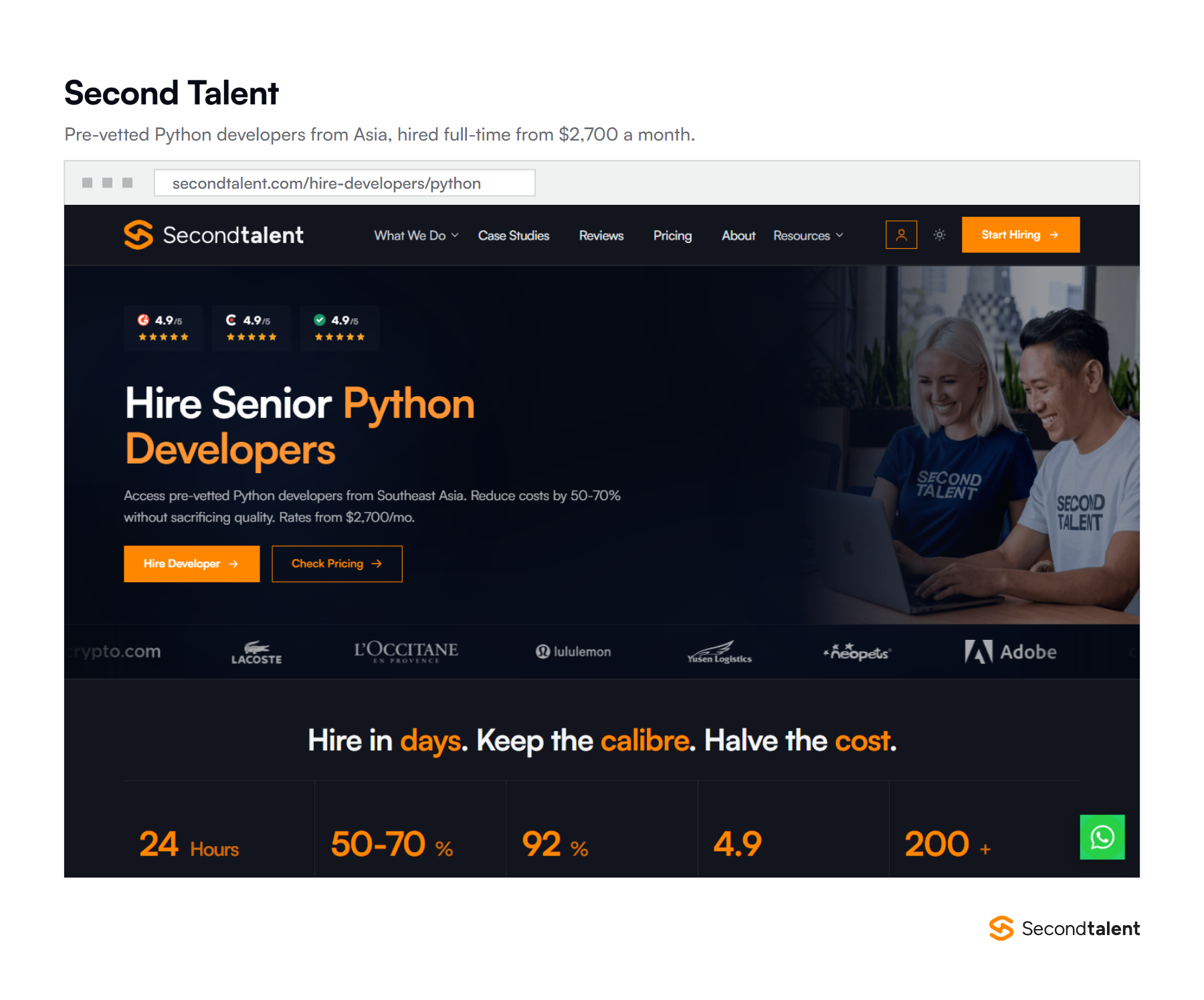 Second Talent's Hire Senior Python Developers page, offering pre-vetted Python developers from Southeast Asia with rates from $2,700 a month.