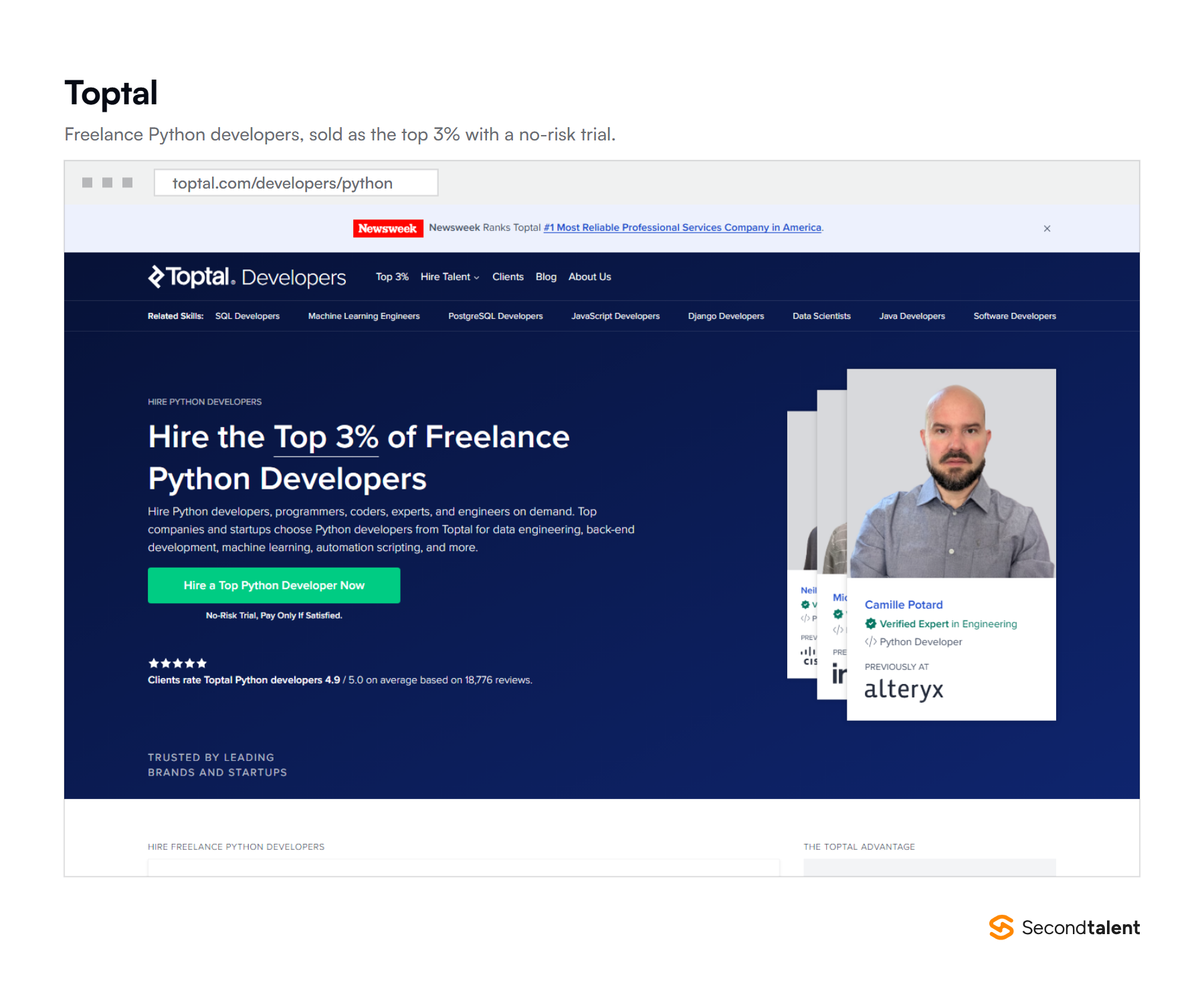 Toptal's Python page headed Hire the Top 3% of Freelance Python Developers, with a no-risk trial and a 4.9 out of 5 client rating from 18,776 reviews.