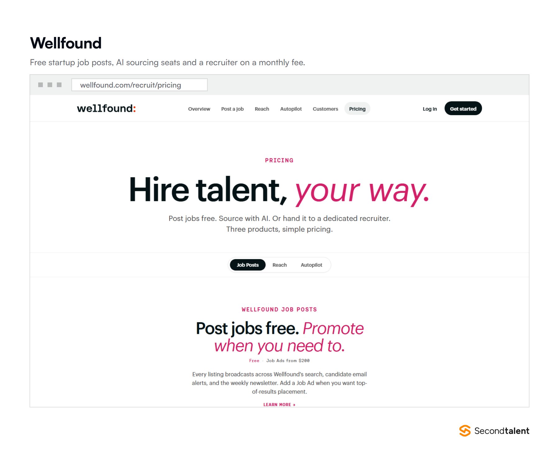 Wellfound's pricing page: post jobs free, source with AI, or hand hiring to a dedicated recruiter.