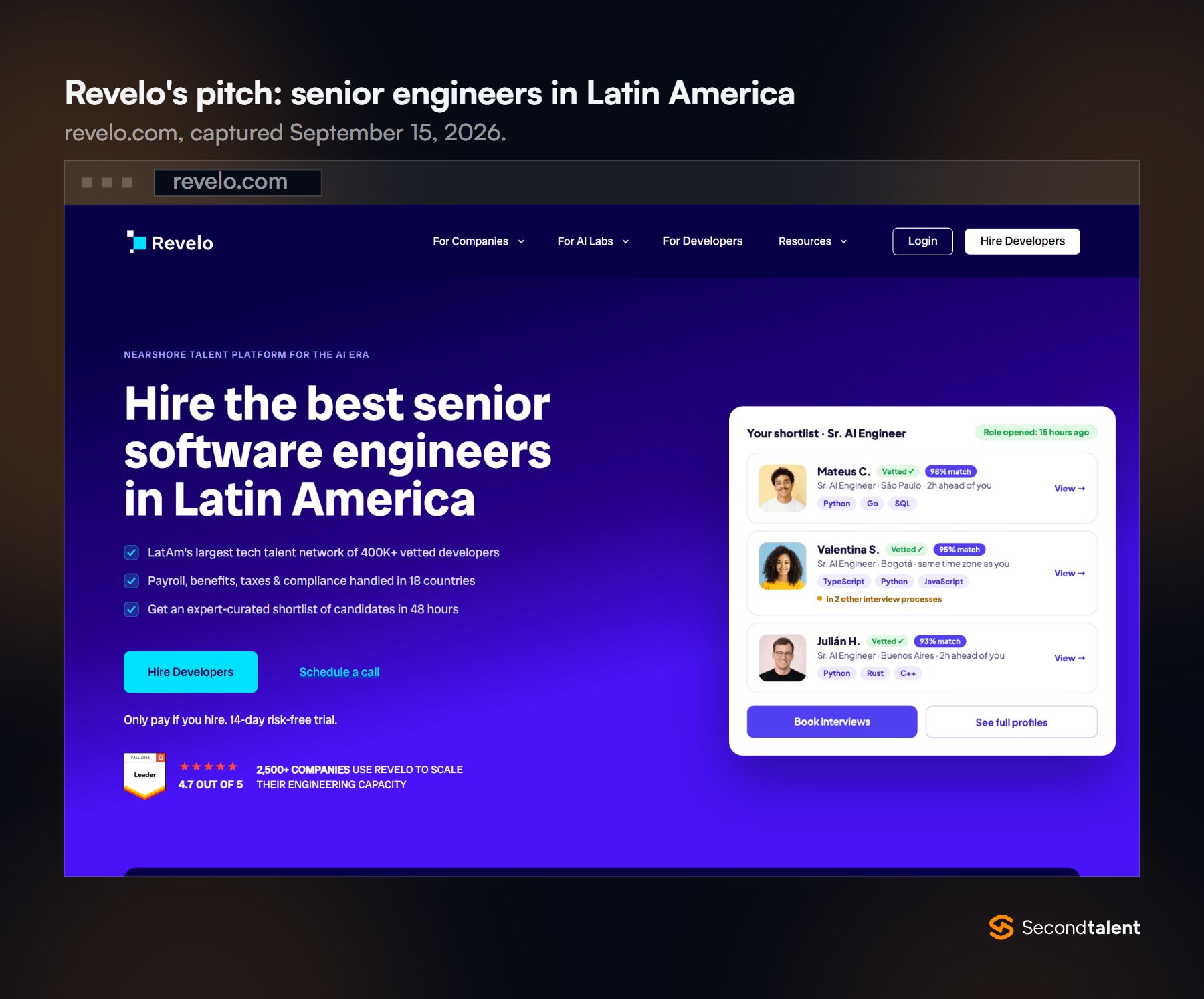 Screenshot of Revelo's homepage: hire the best senior software engineers in Latin America, 400K+ vetted developers, payroll and compliance in 18 countries, 14-day risk-free trial