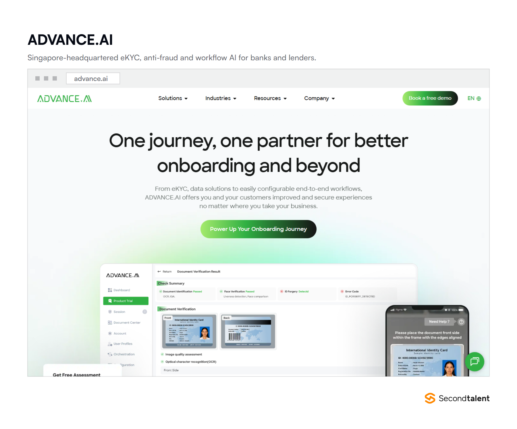 ADVANCE.AI's homepage, offering eKYC, anti-fraud and automated workflow products built on its own AI models.
