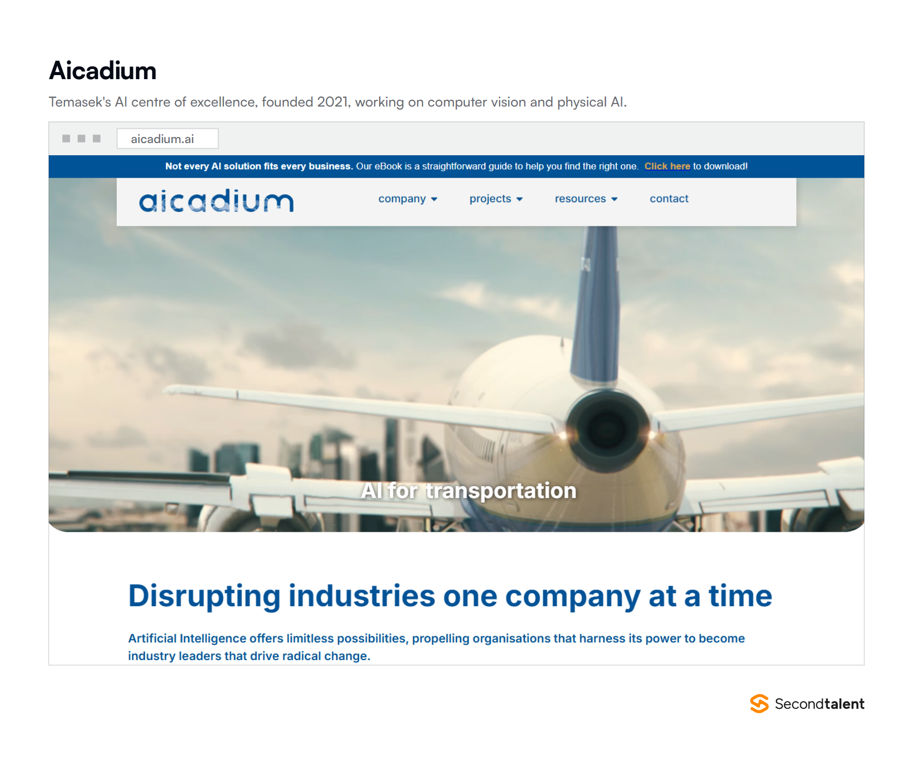 Aicadium's homepage, a computer vision AI company founded by Temasek in 2021 with teams in Singapore and San Diego.