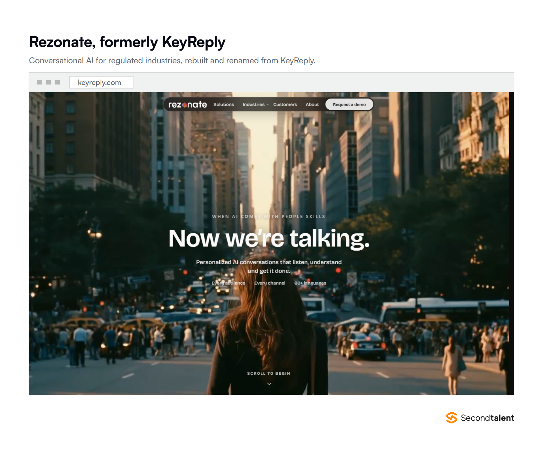 Rezonate's site, formerly KeyReply, offering AI customer engagement for regulated industries including healthcare.