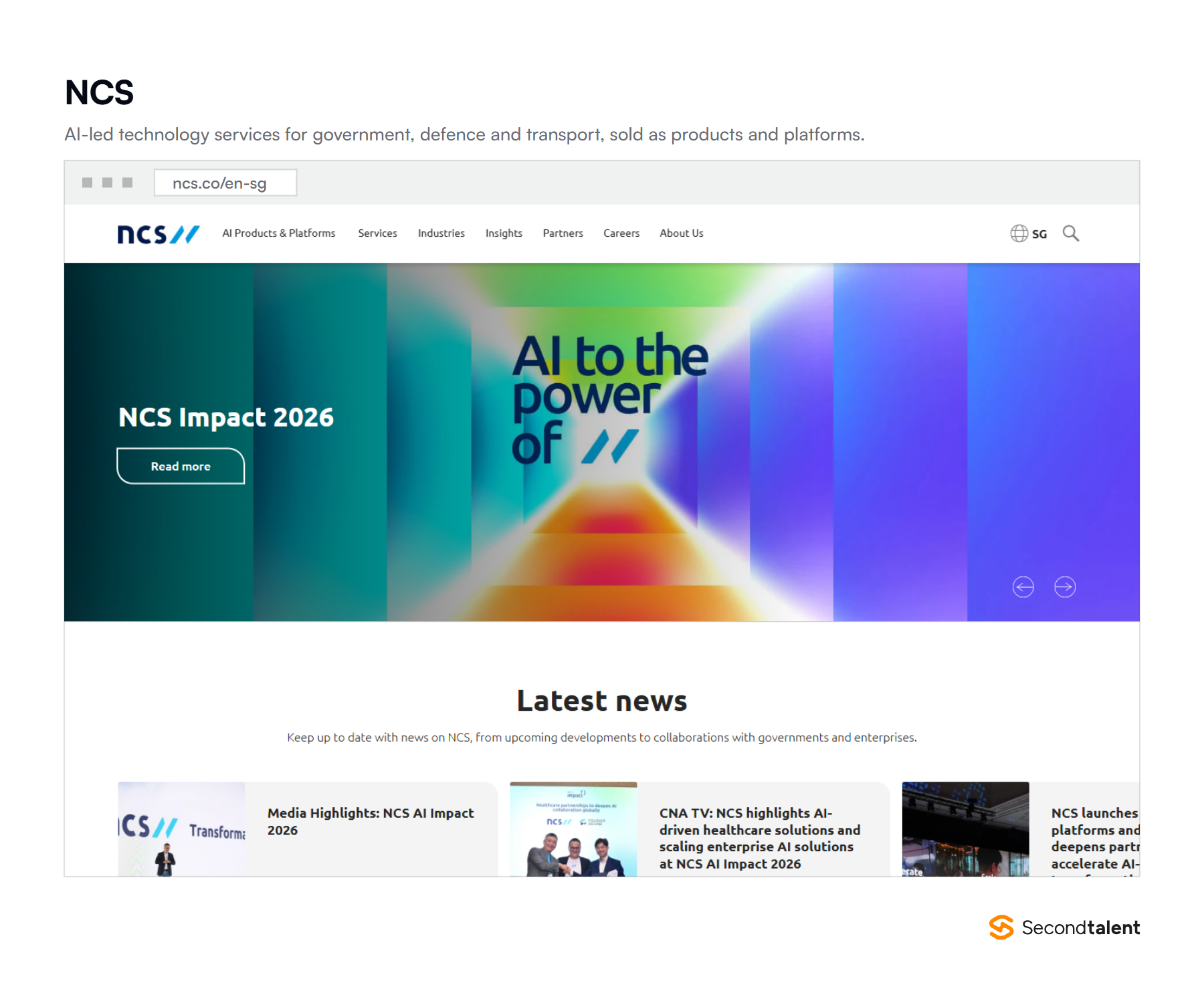 NCS Singapore homepage, headed AI-led technology services, with AI products and platforms in the main navigation.