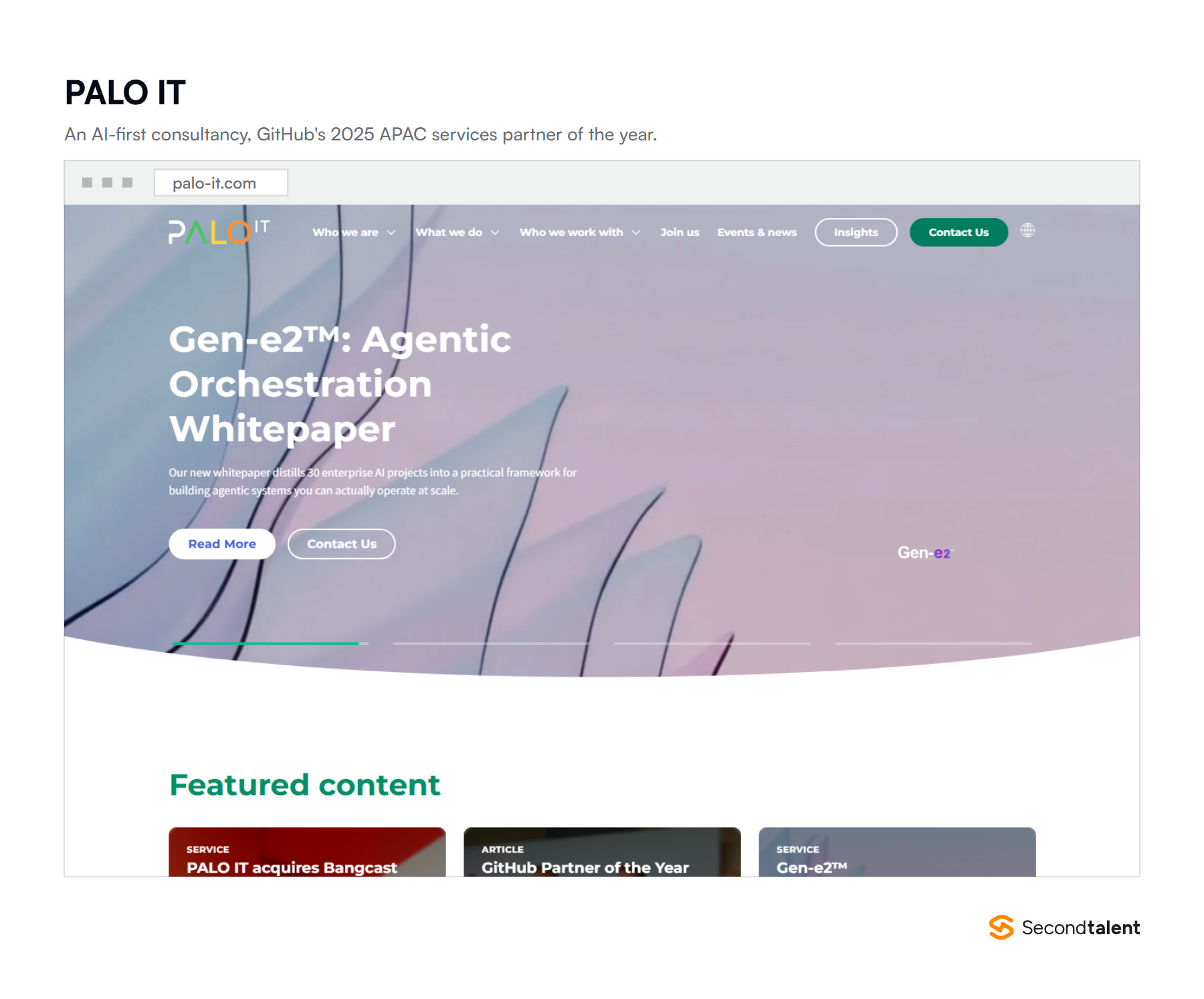 PALO IT's homepage, an AI-first technology consultancy, noting its GitHub APAC partner of the year award and Microsoft training partner status.