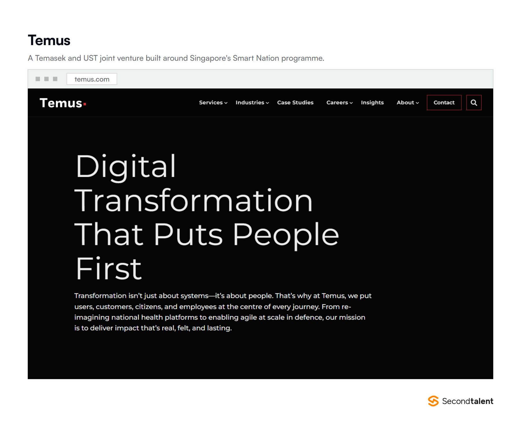 Temus homepage, headed Digital Transformation That Puts People First, describing work from national health platforms to defence.