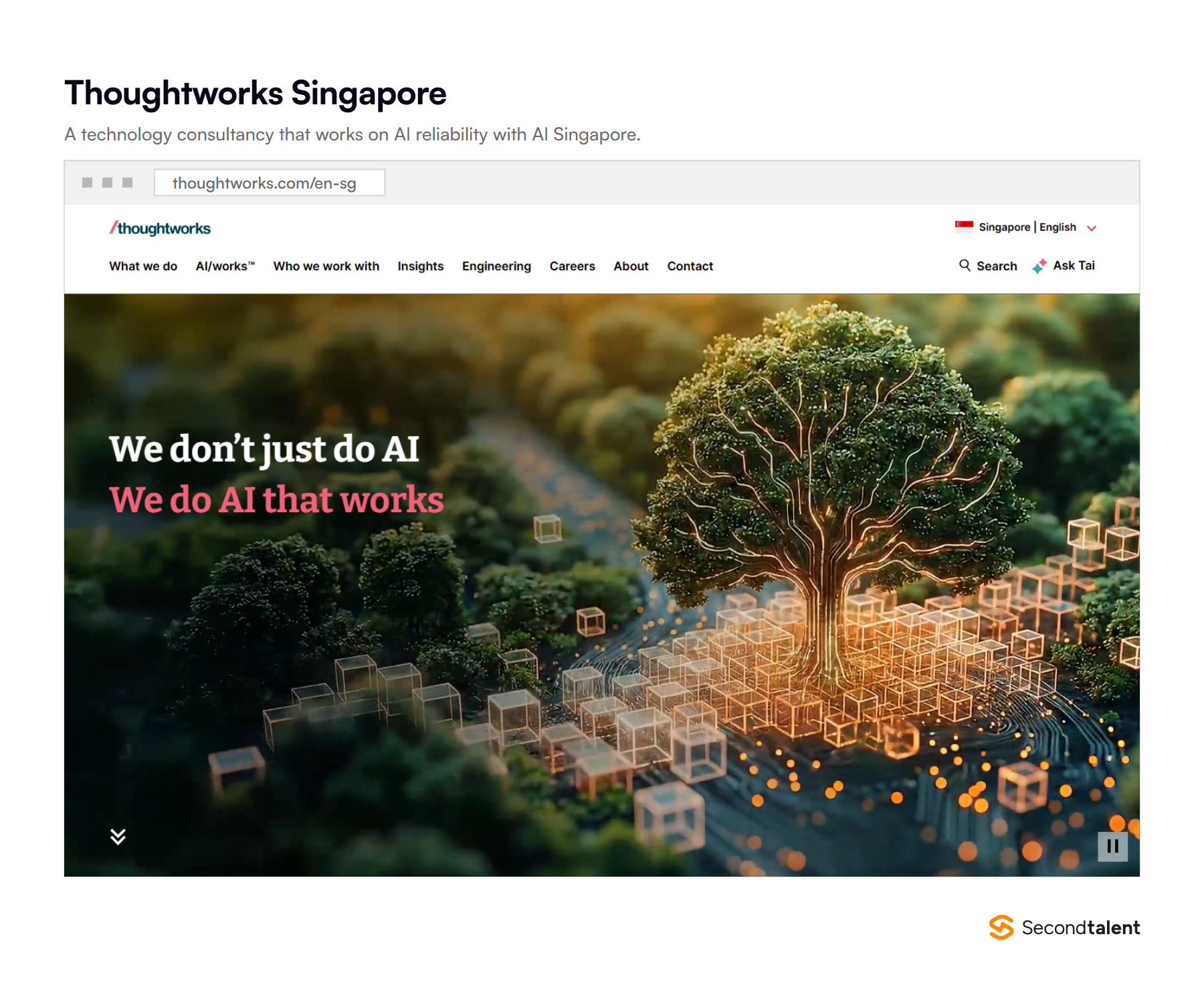 Thoughtworks Singapore homepage, presenting the firm as a leading technology consultancy.