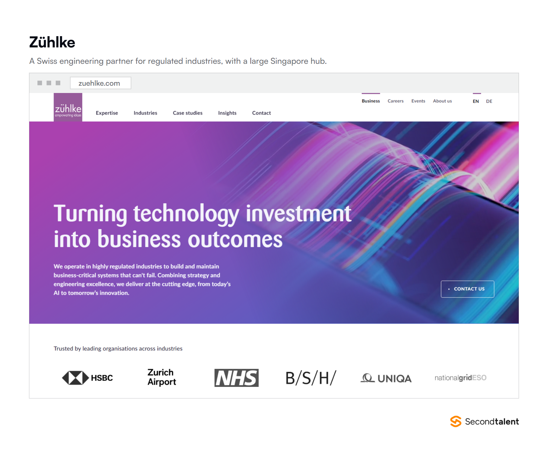 Zuhlke's homepage, describing the company as an engineering partner for regulated industries.