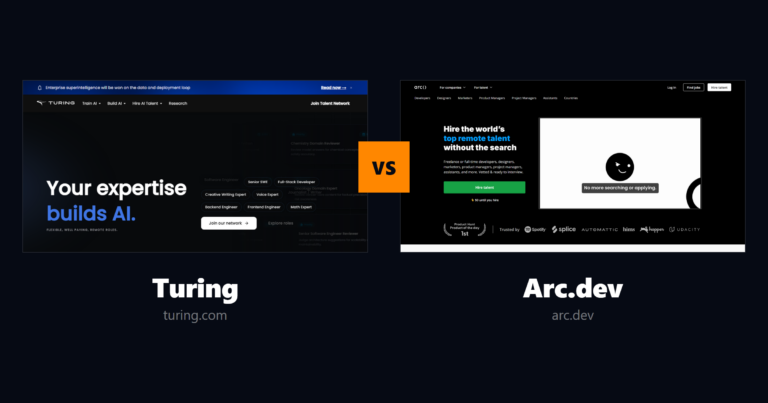 Turing and Arc.dev homepages side by side for the Turing vs Arc.dev comparison.