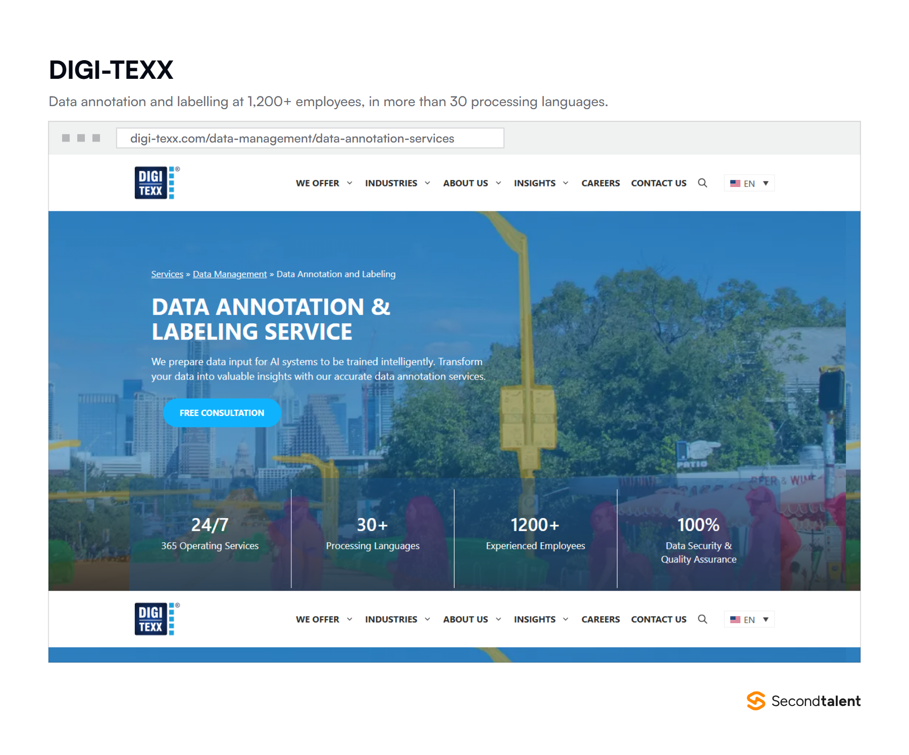 DIGI-TEXX's data annotation and labelling service page, listing 24/7 operating services, 30+ processing languages and 1,200+ experienced employees.