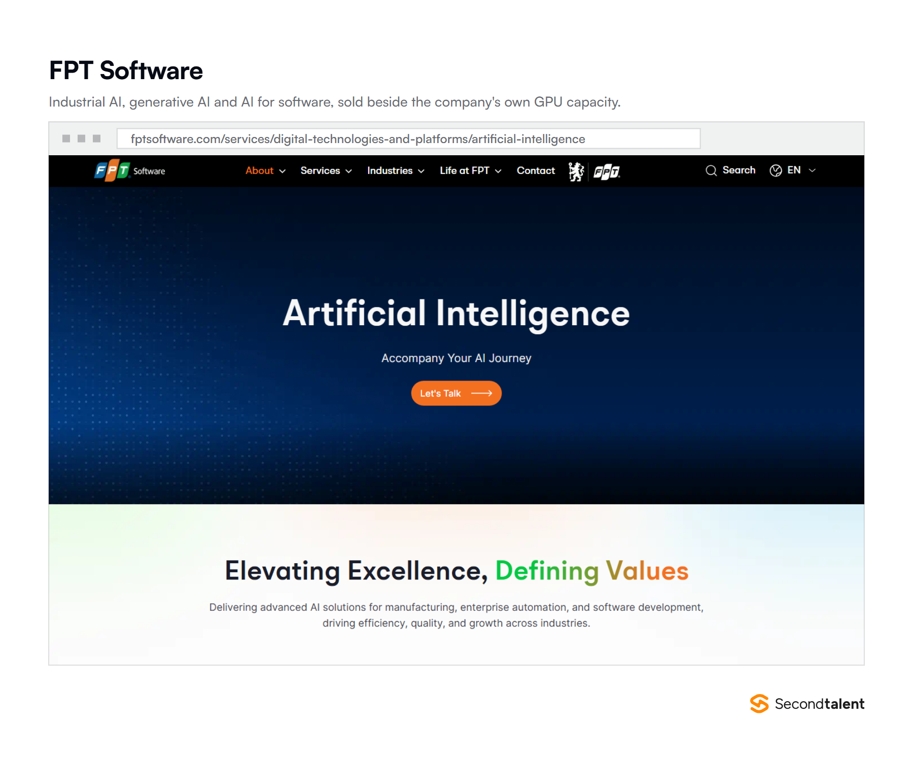 FPT Software's artificial intelligence services page, headed Accompany Your AI Journey, offering AI solutions for manufacturing, enterprise automation and software development.