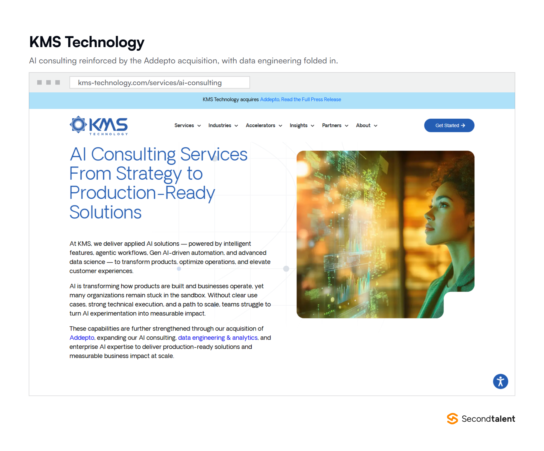 KMS Technology's AI consulting services page, with a banner announcing its acquisition of Addepto and a description of applied AI and agentic workflows.