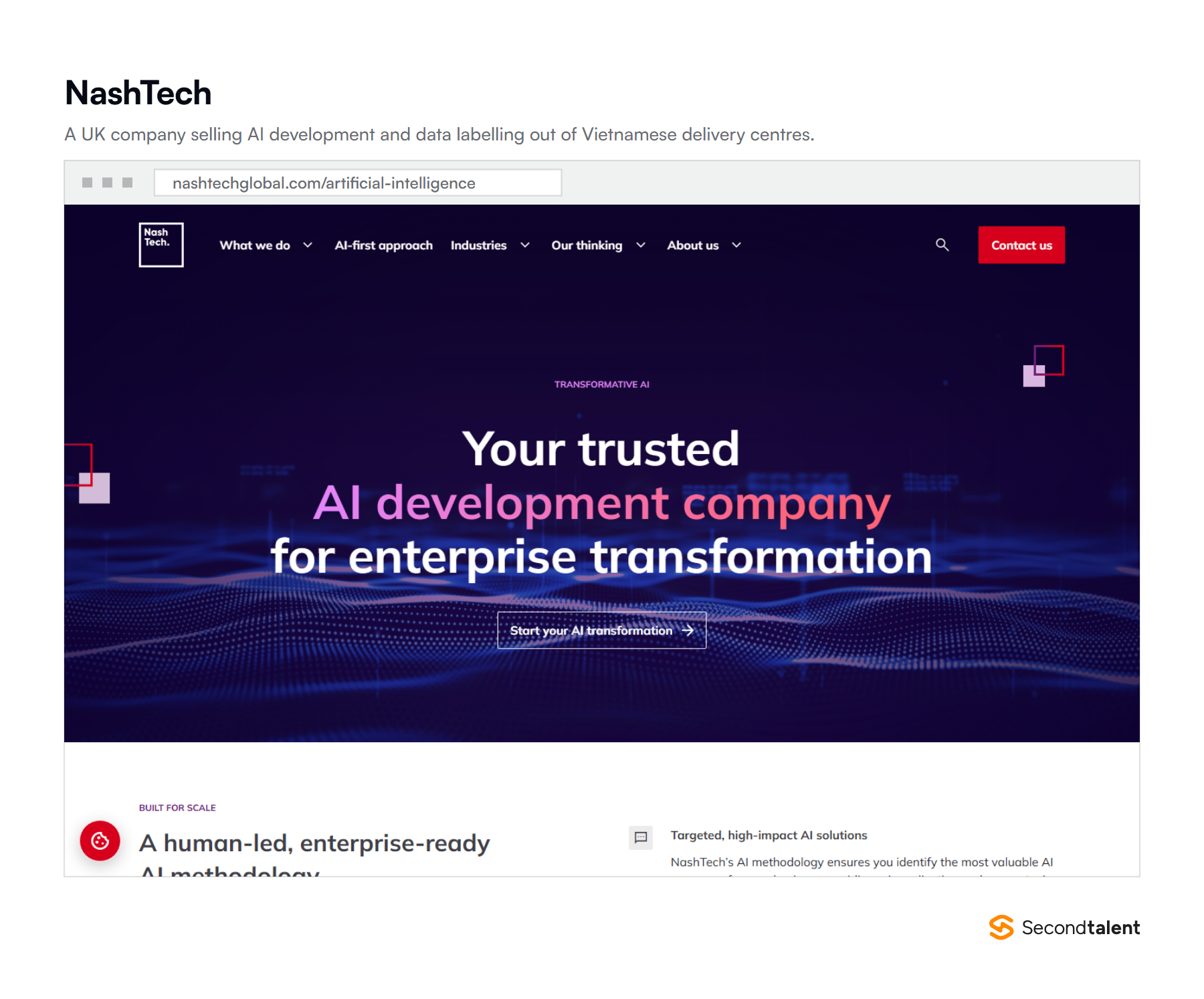 NashTech's AI page, headed Your trusted AI development company for enterprise transformation, describing a human-led, enterprise-ready AI methodology.