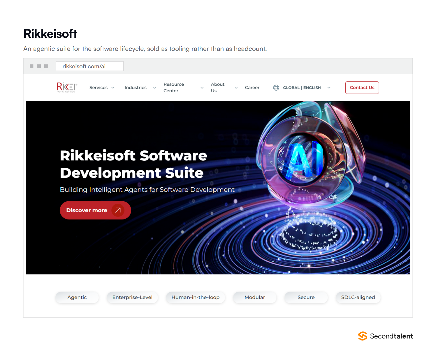 Rikkeisoft's AI page for its Software Development Suite, building intelligent agents for software development, tagged agentic, enterprise-level, human-in-the-loop, modular, secure and SDLC-aligned.