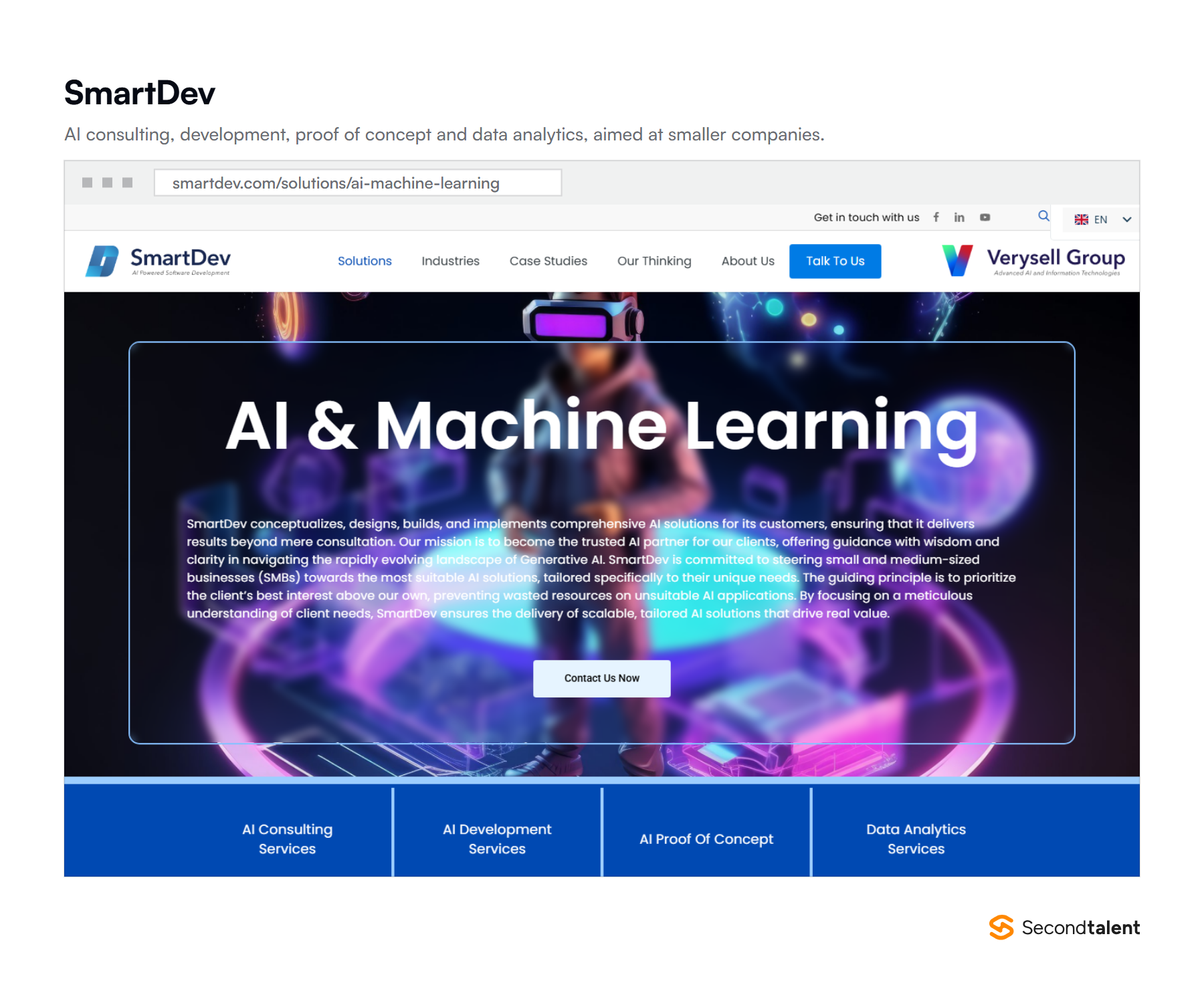 SmartDev's AI and machine learning page, part of Verysell Group, listing AI consulting, AI development, AI proof of concept and data analytics services.