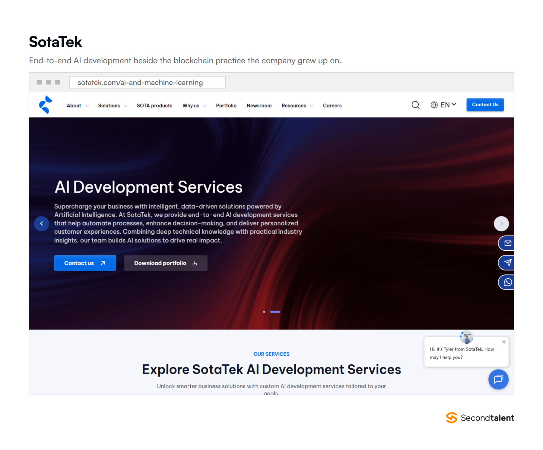 SotaTek's AI development services page, offering end-to-end AI development to automate processes and personalise customer experiences.