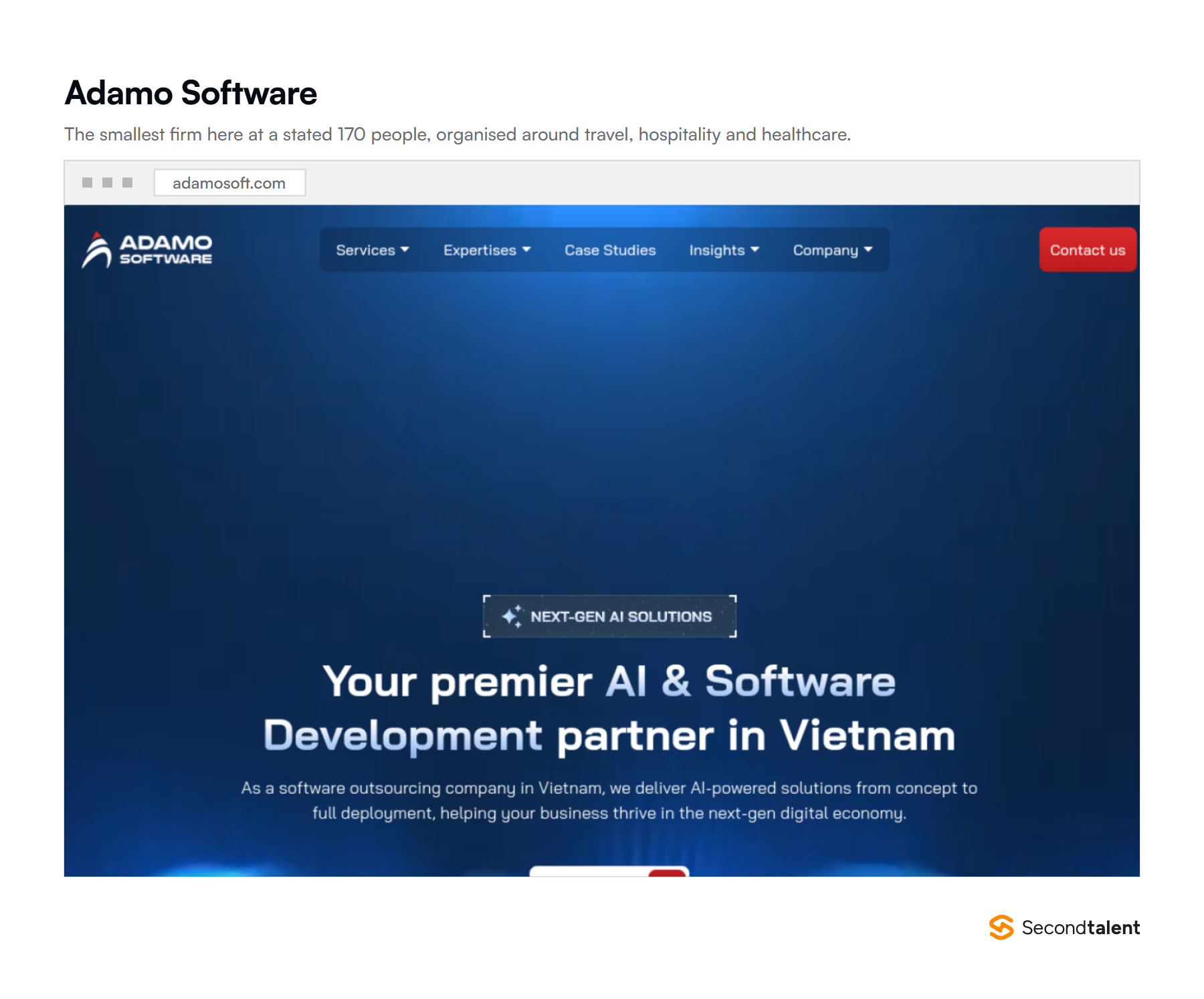 Screenshot of the Adamo Software homepage at adamosoft.com, headlined Your premier AI and software development partner in Vietnam.