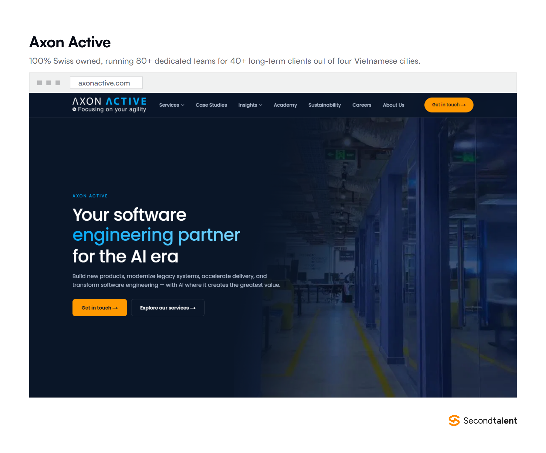 Screenshot of the Axon Active homepage at axonactive.com, positioning the Swiss-owned firm as a software engineering partner for the AI era.