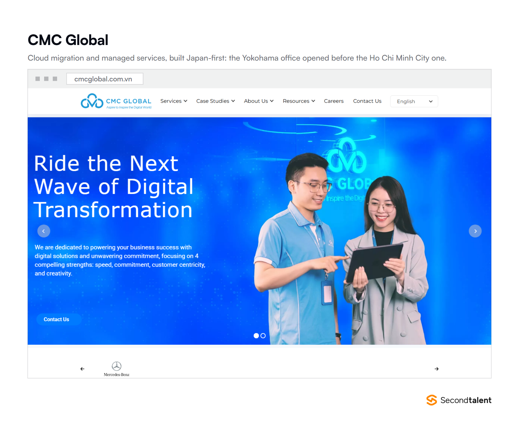 Screenshot of the CMC Global homepage at cmcglobal.com.vn, headlined Ride the Next Wave of Digital Transformation.