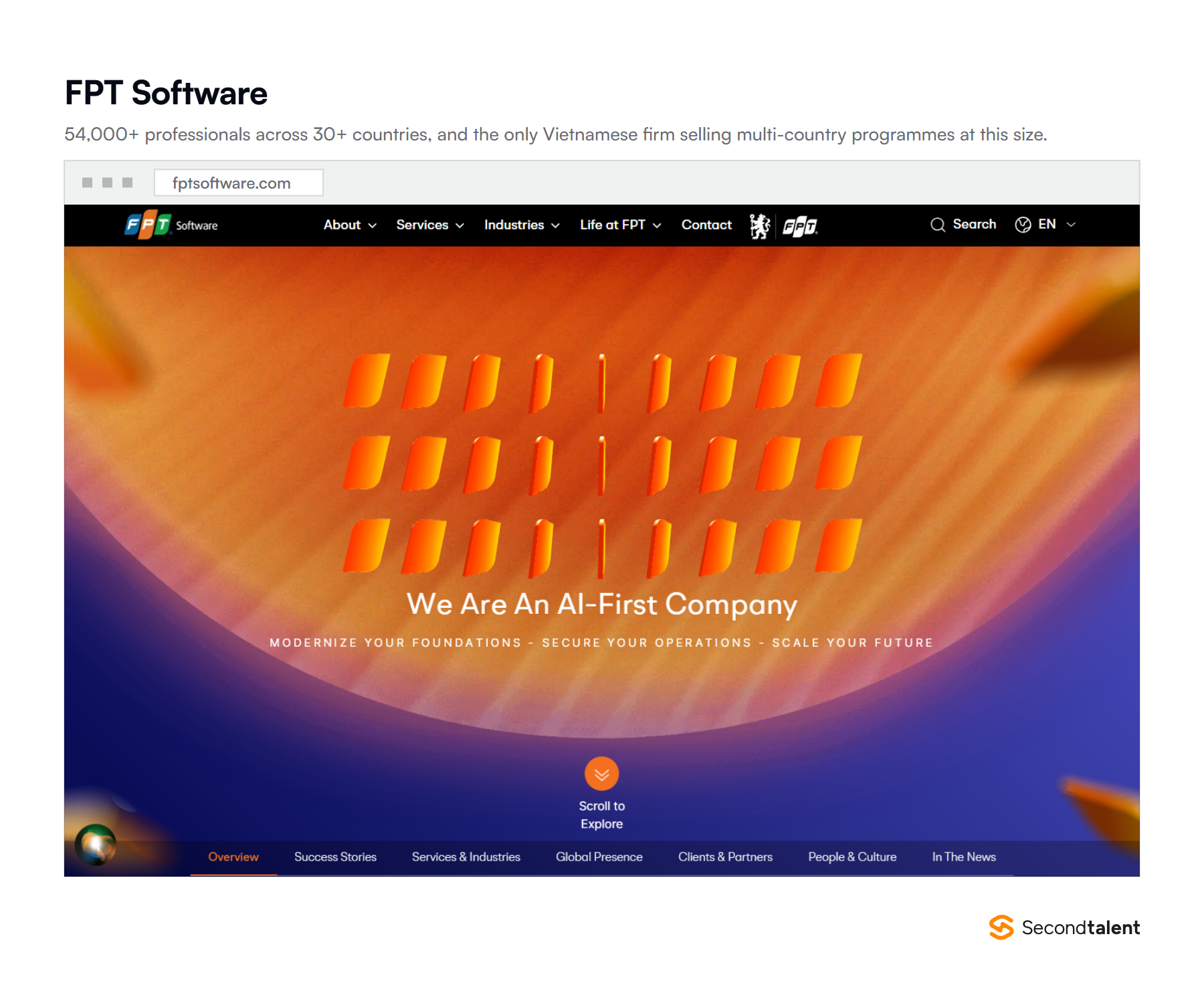 Screenshot of the FPT Software homepage at fptsoftware.com, headlined We Are An AI-First Company.
