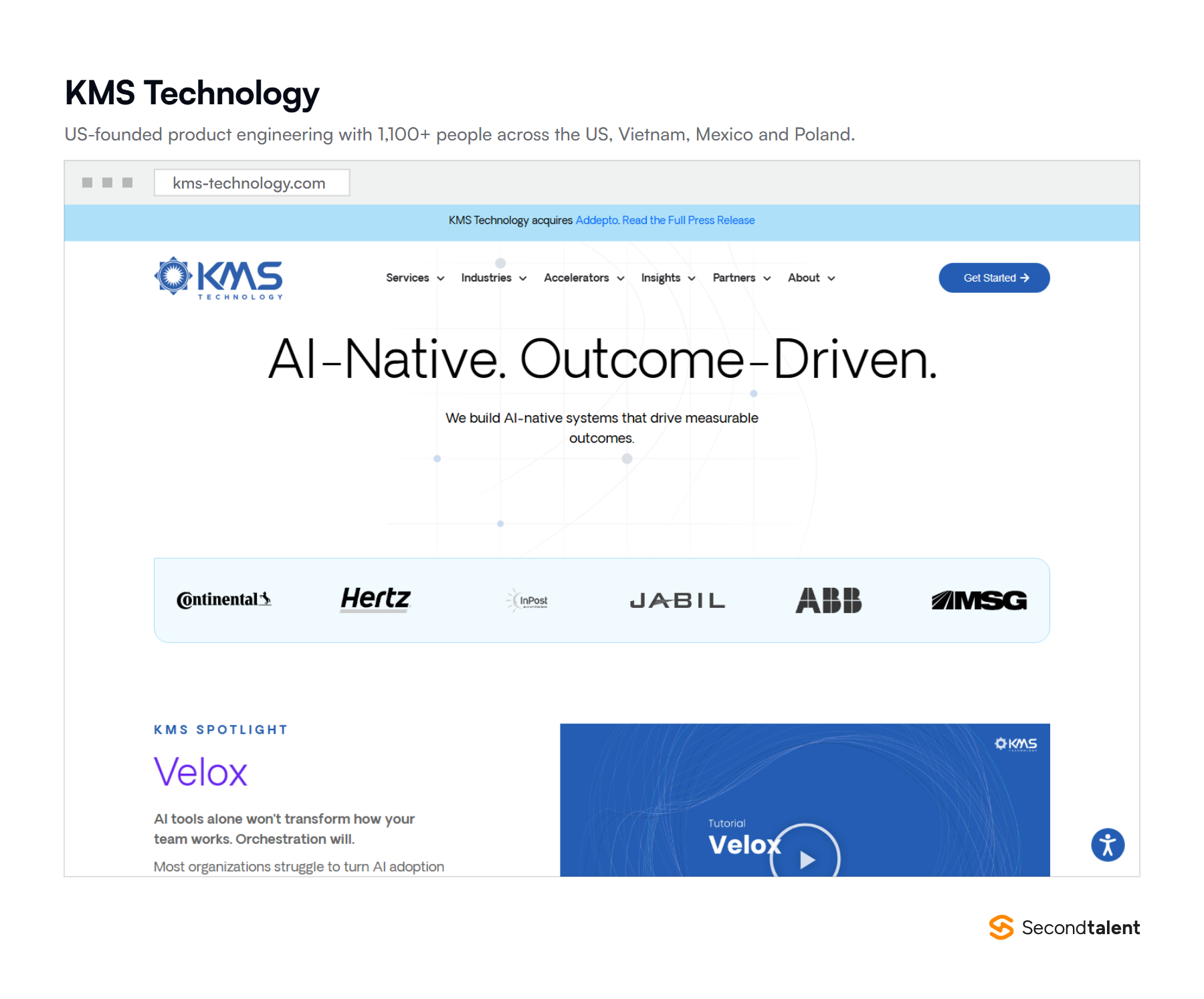Screenshot of the KMS Technology homepage at kms-technology.com, headlined AI-Native, Outcome-Driven, with client logos and its Velox platform.