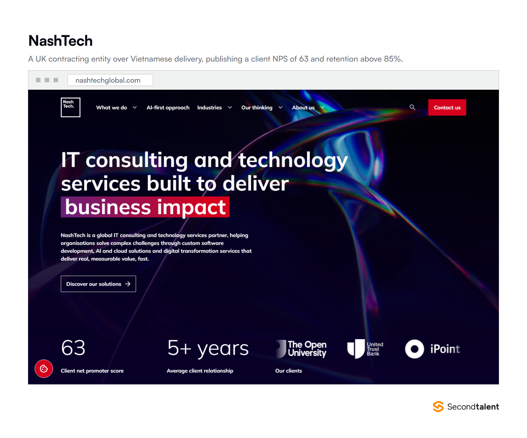 Screenshot of the NashTech homepage at nashtechglobal.com showing a client net promoter score of 63 and its IT consulting positioning.