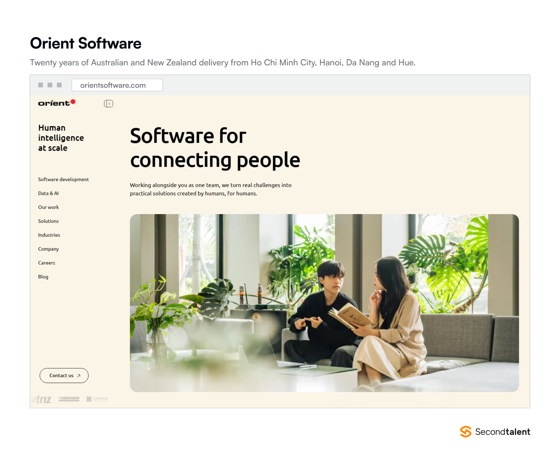 Screenshot of the Orient Software homepage at orientsoftware.com, headlined Software for connecting people.