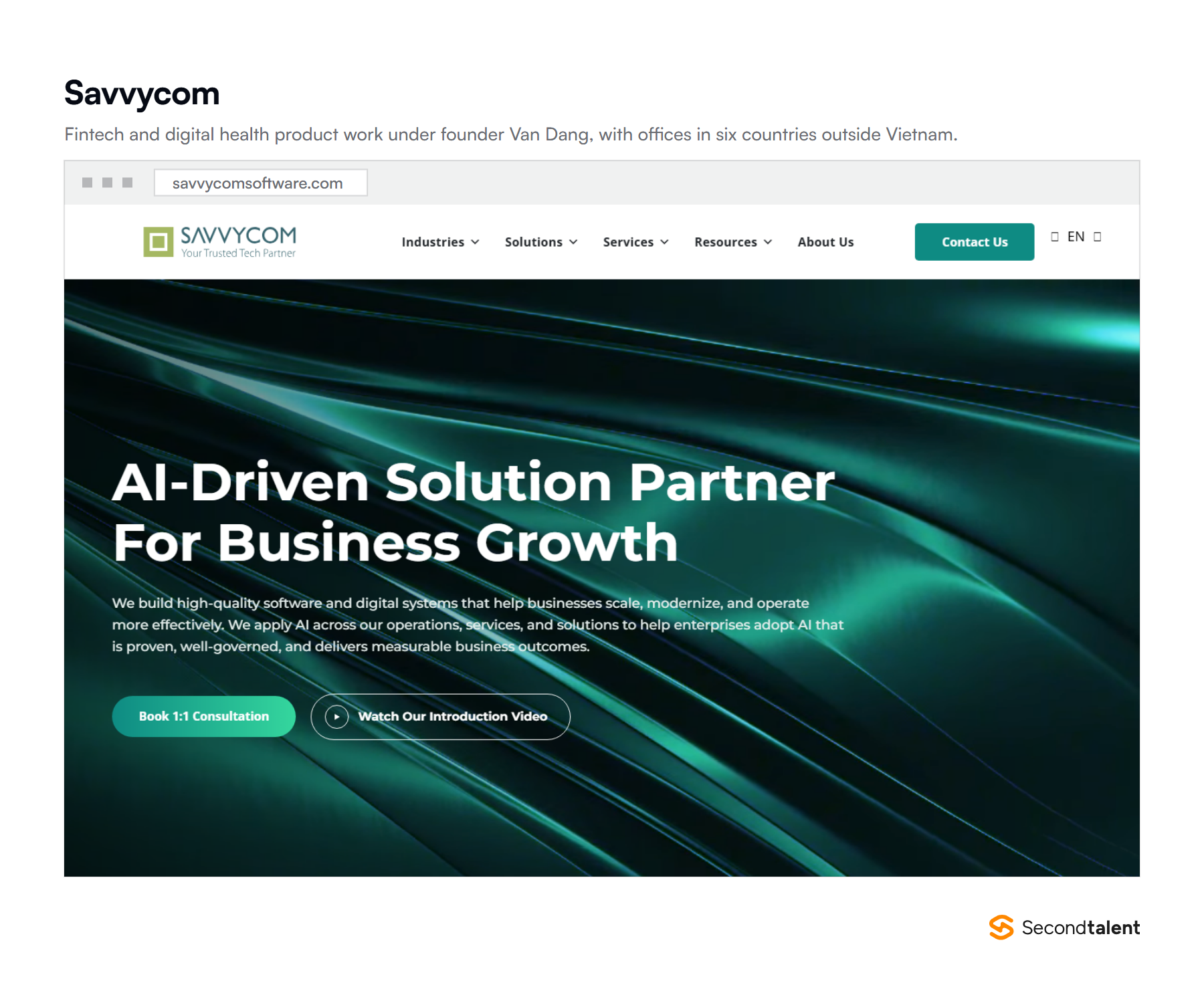 Screenshot of the Savvycom homepage at savvycomsoftware.com, headlined AI-Driven Solution Partner For Business Growth.