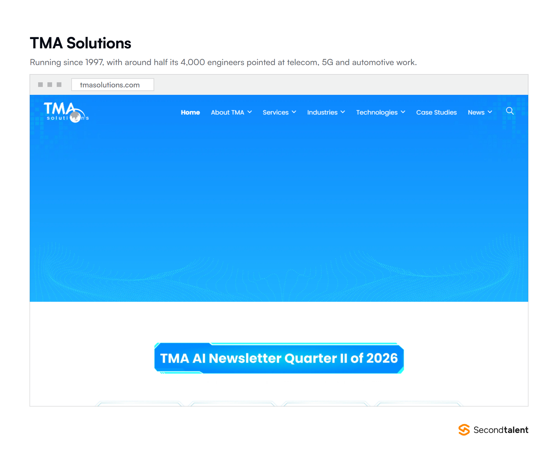 Screenshot of the TMA Solutions homepage at tmasolutions.com, the Vietnamese software outsourcing firm founded in 1997.