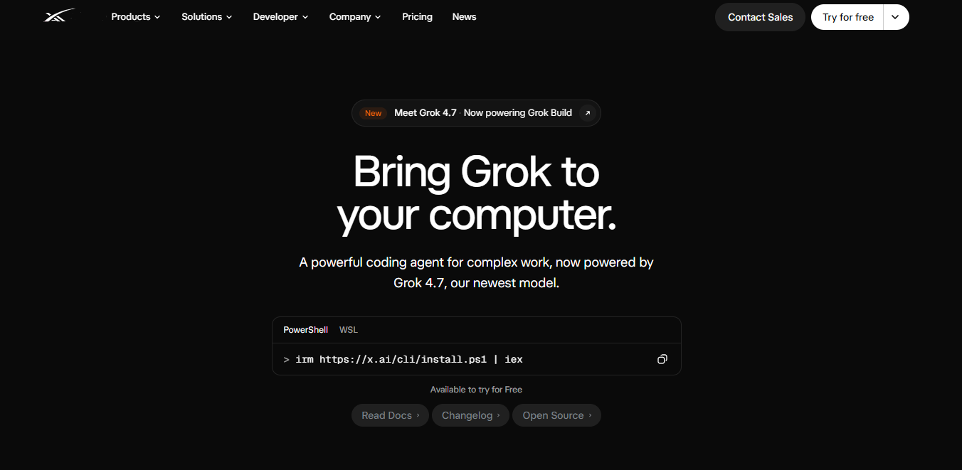 Grok Build homepage describing a coding agent for complex work, powered by Grok 4.7