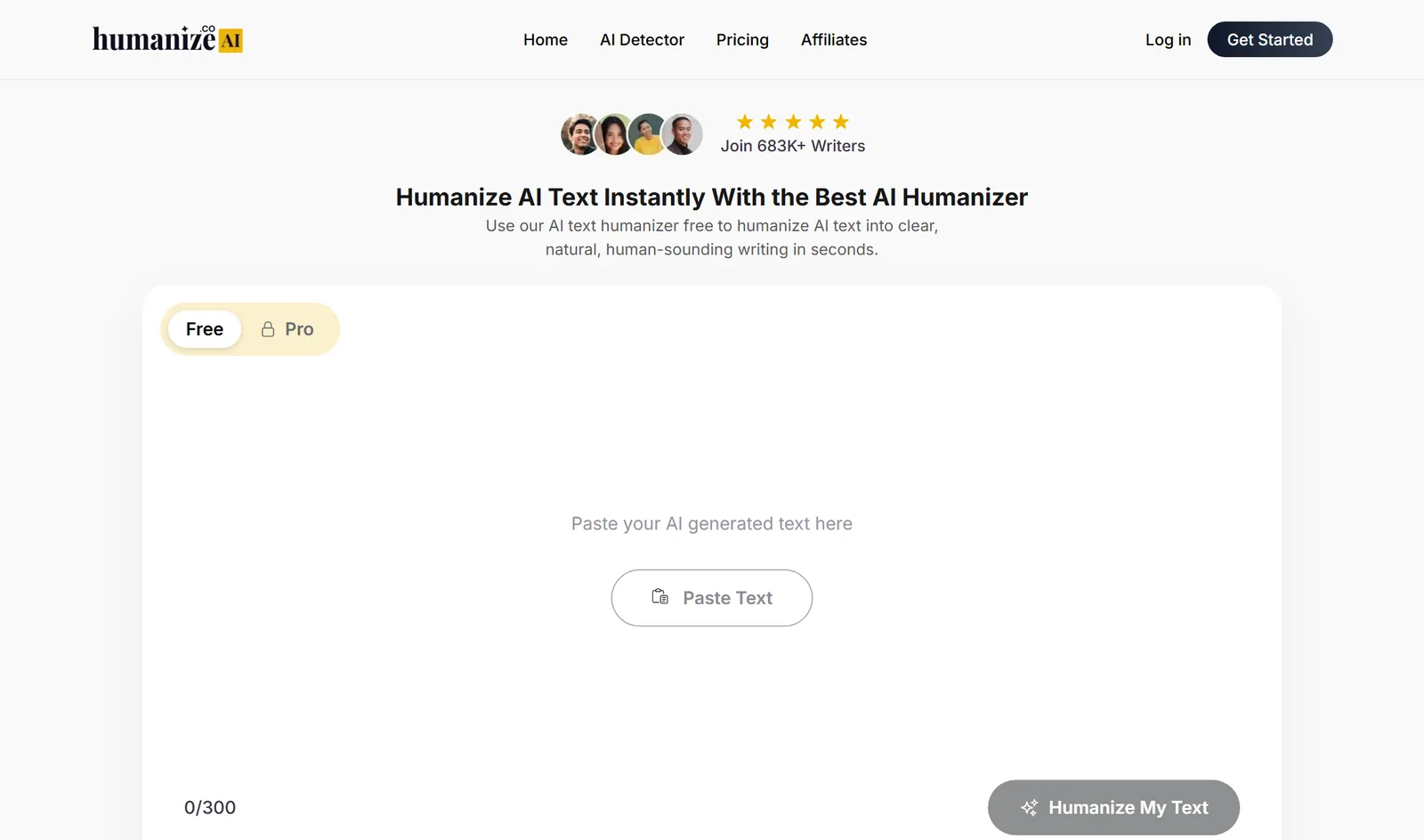 HumanizeAI homepage with its free AI text humanizer