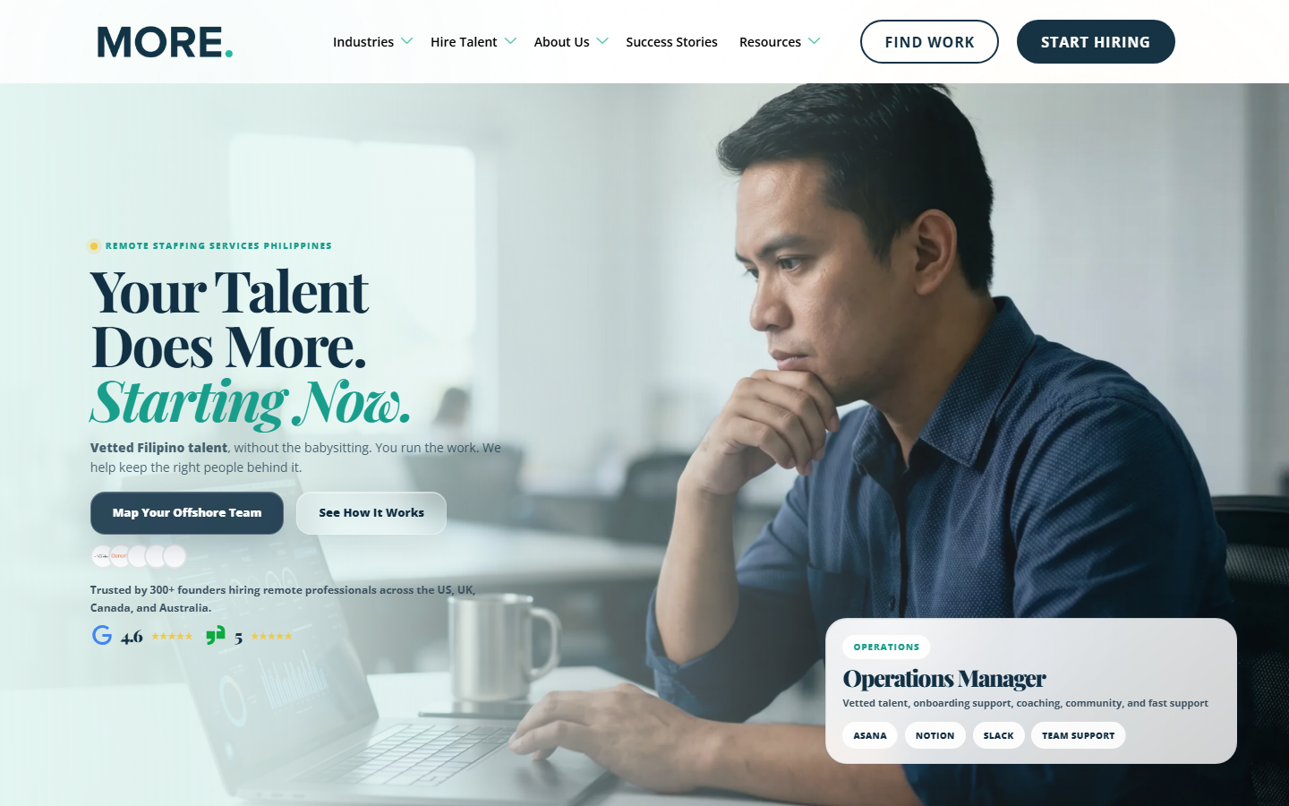 More Staffing homepage, vetted Filipino professionals for operations, finance, CX and marketing roles