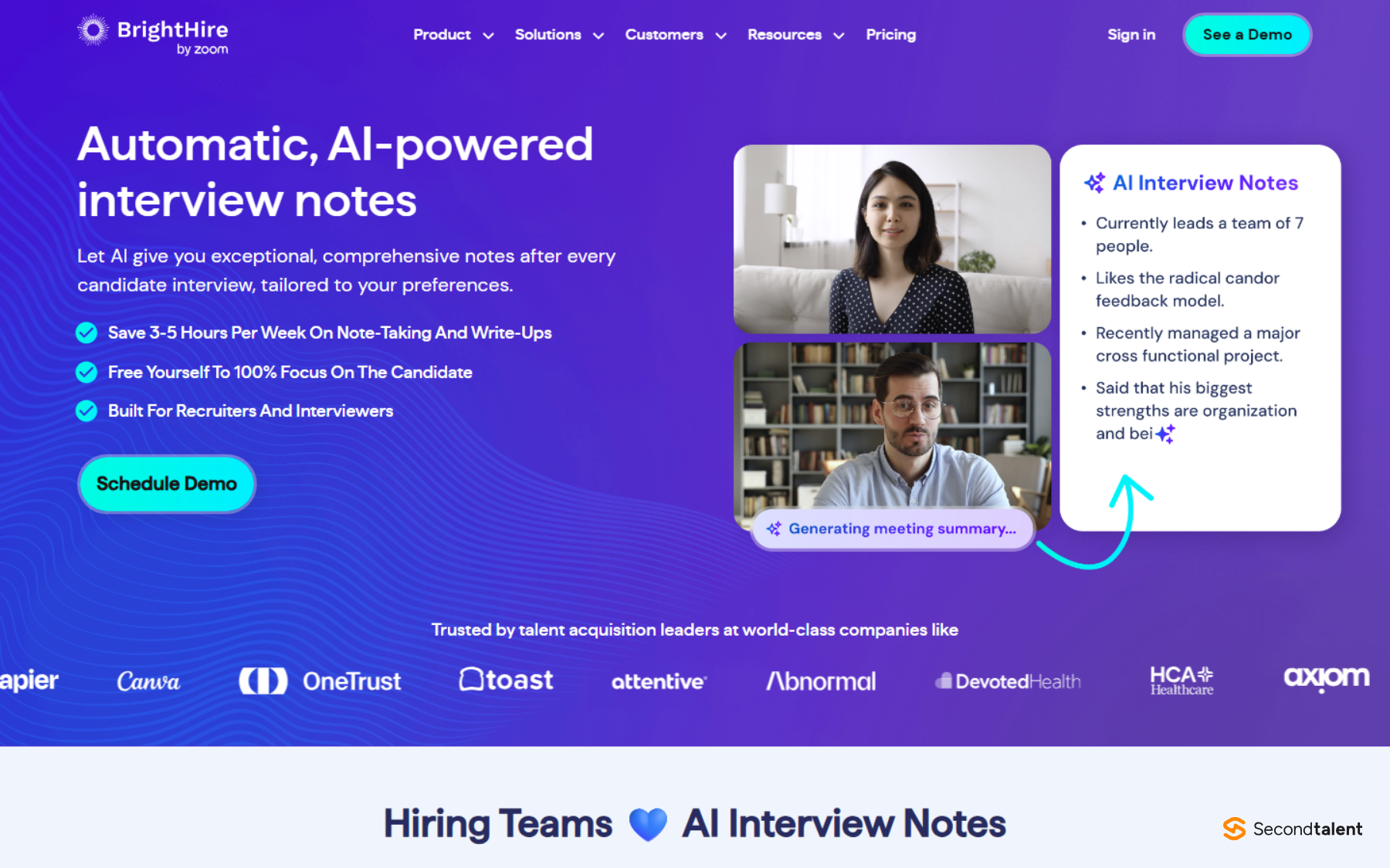 BrightHire by Zoom page headed Automatic, AI-powered interview notes, showing an interview video and generated notes.