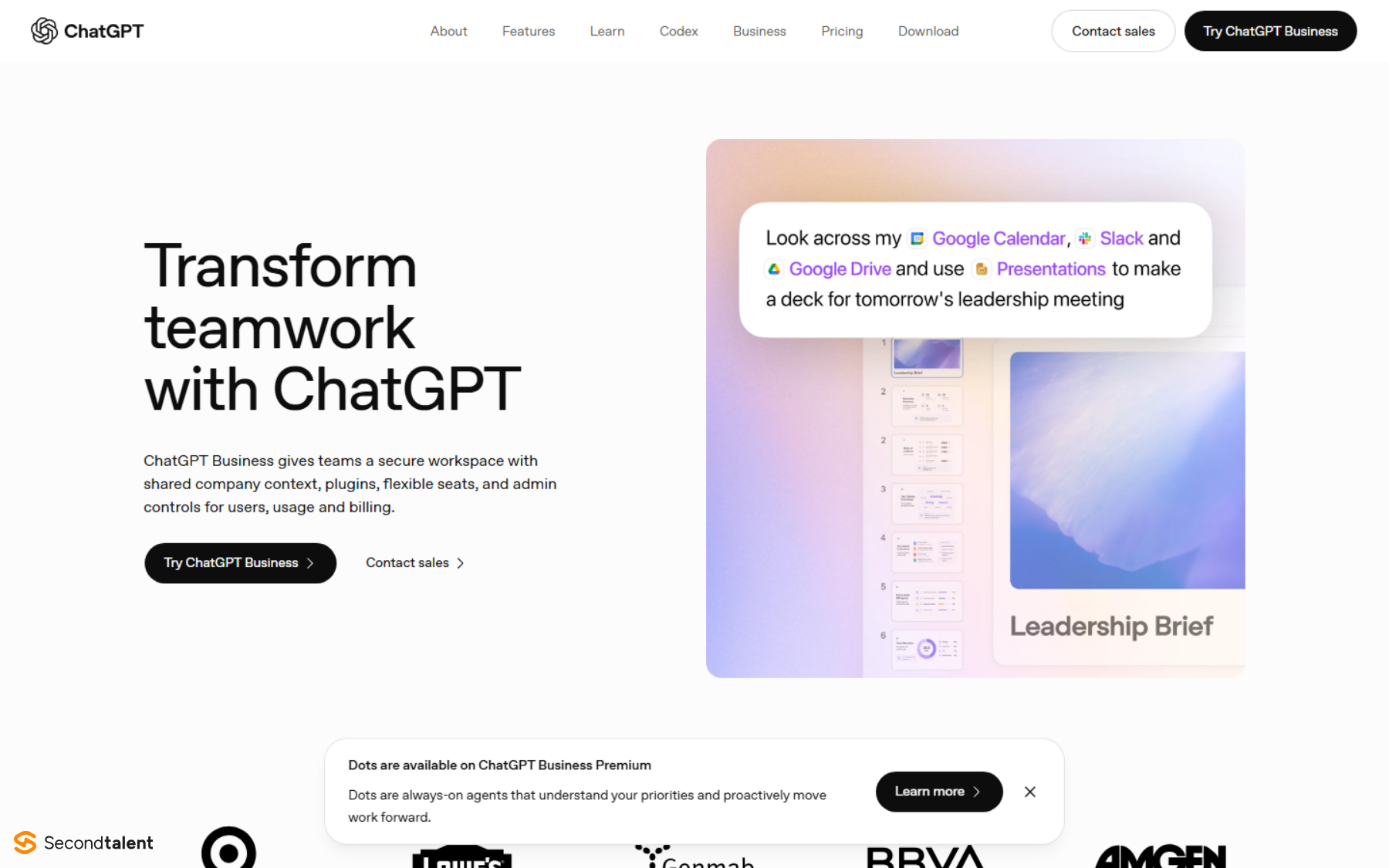 ChatGPT Business page headed Transform teamwork with ChatGPT, showing a prompt that looks across Google Calendar, Slack and Google Drive.