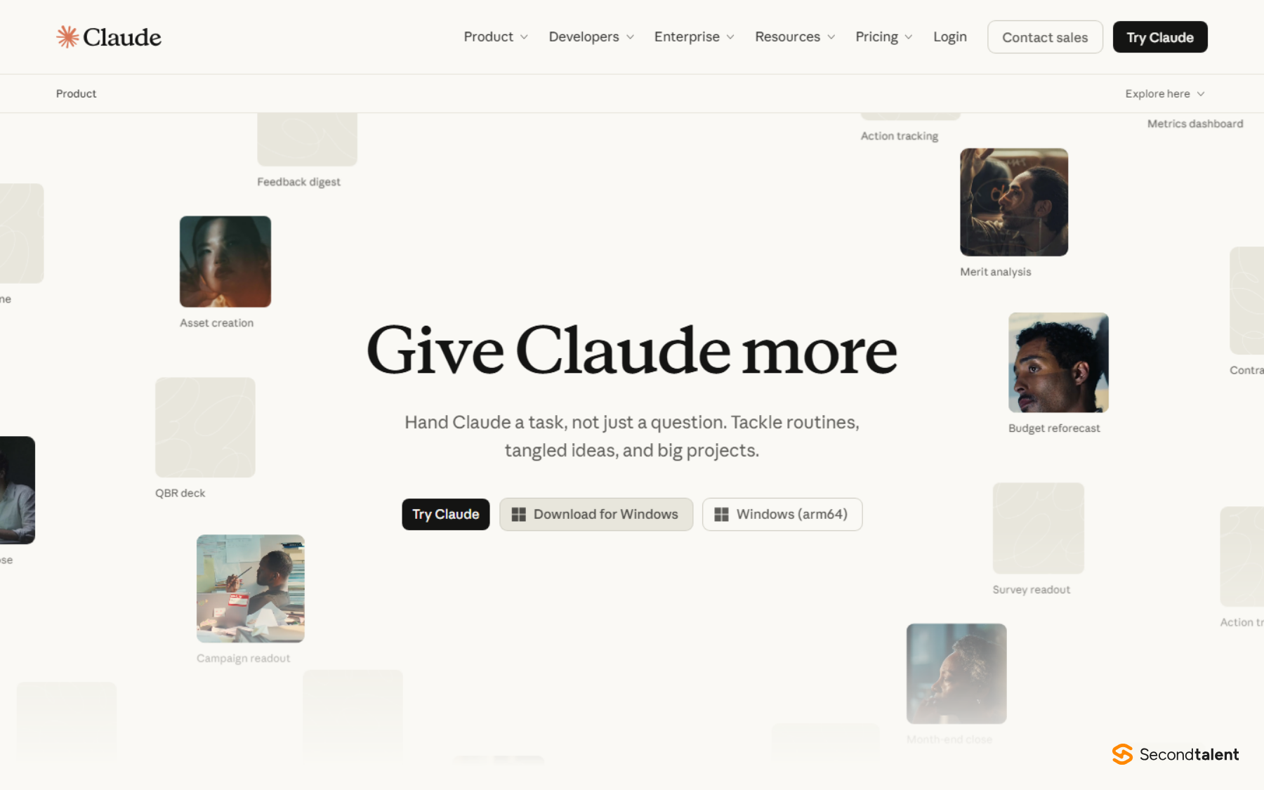 Claude page headed Give Claude more, Hand Claude a task, not just a question.