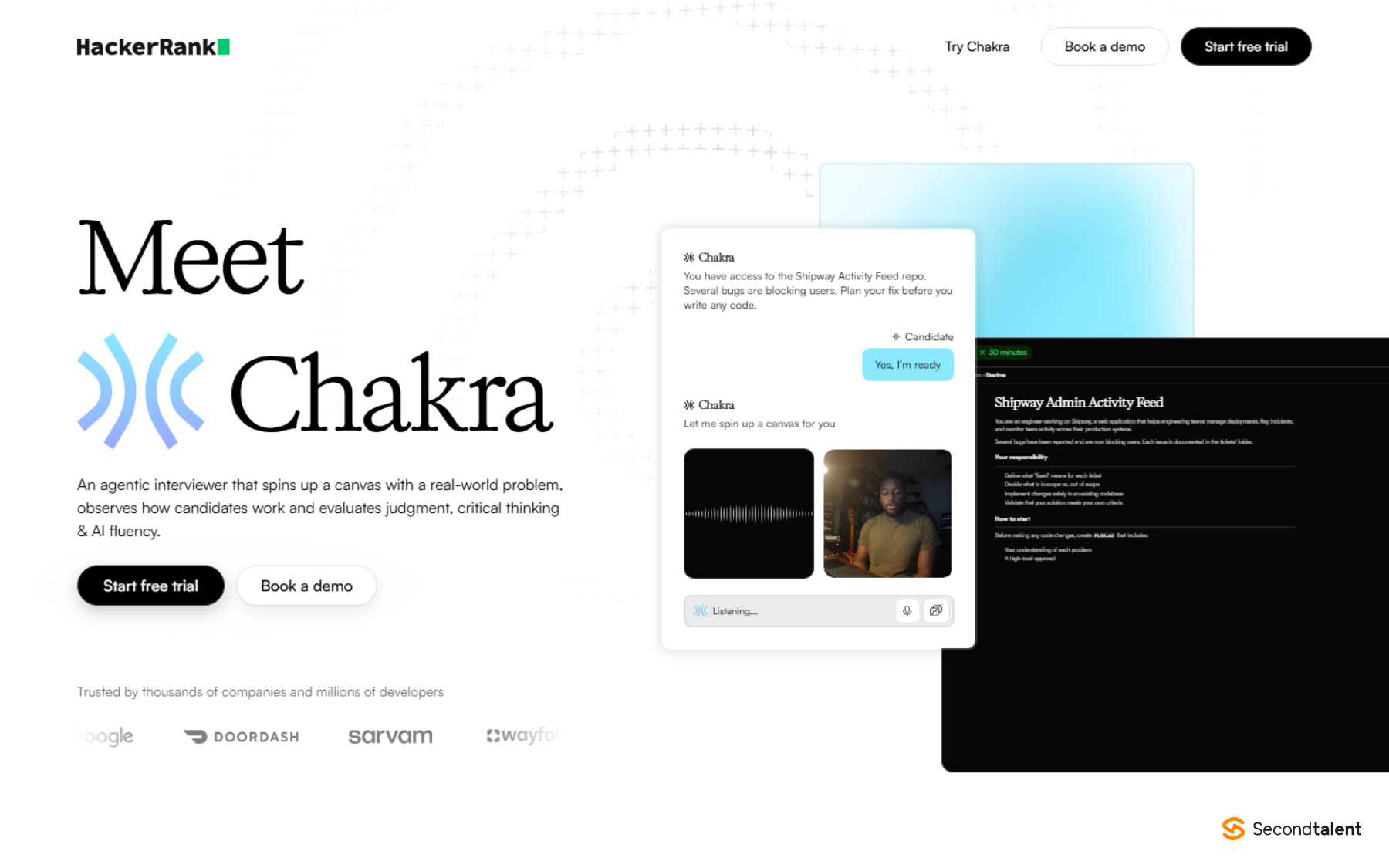 HackerRank page headed Meet Chakra, an agentic interviewer that spins up a canvas with a real-world problem, showing an interview in progress.