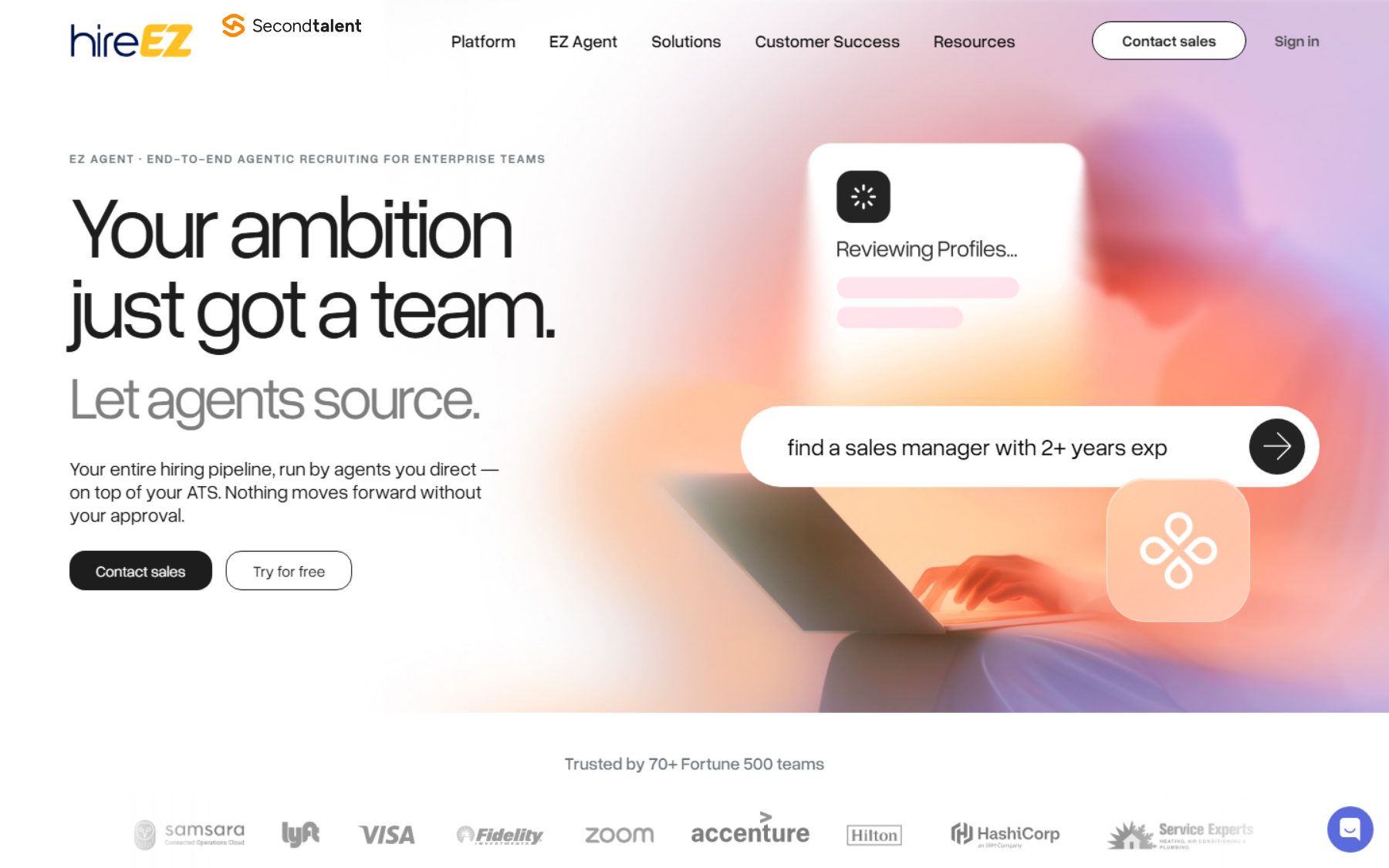 hireEZ EZ Agent page headed Your ambition just got a team. Let agents source., noting nothing moves forward without your approval.