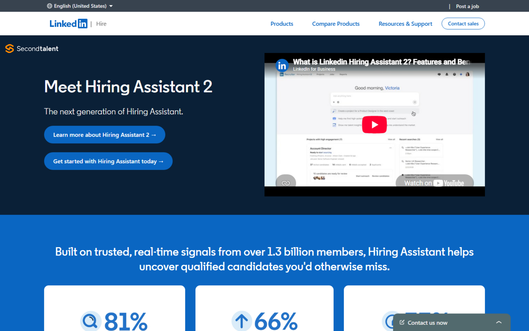 LinkedIn Hiring Assistant page headed Meet Hiring Assistant 2, with results of 81% and 66% and a note on signals from over 1.3 billion members.